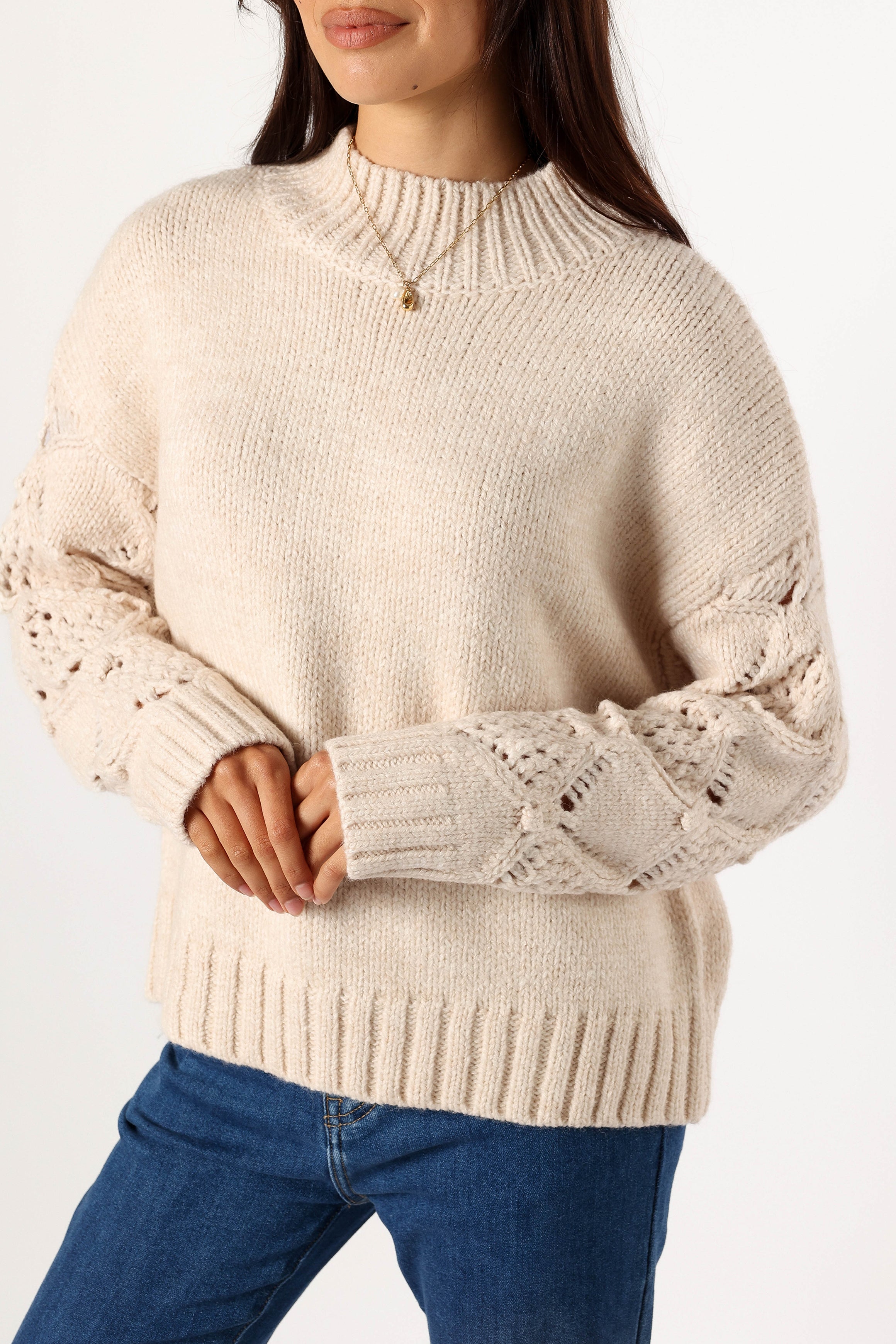 Rebekah Crochet Turtleneck Sweater - Cream Knit Long Sleeve