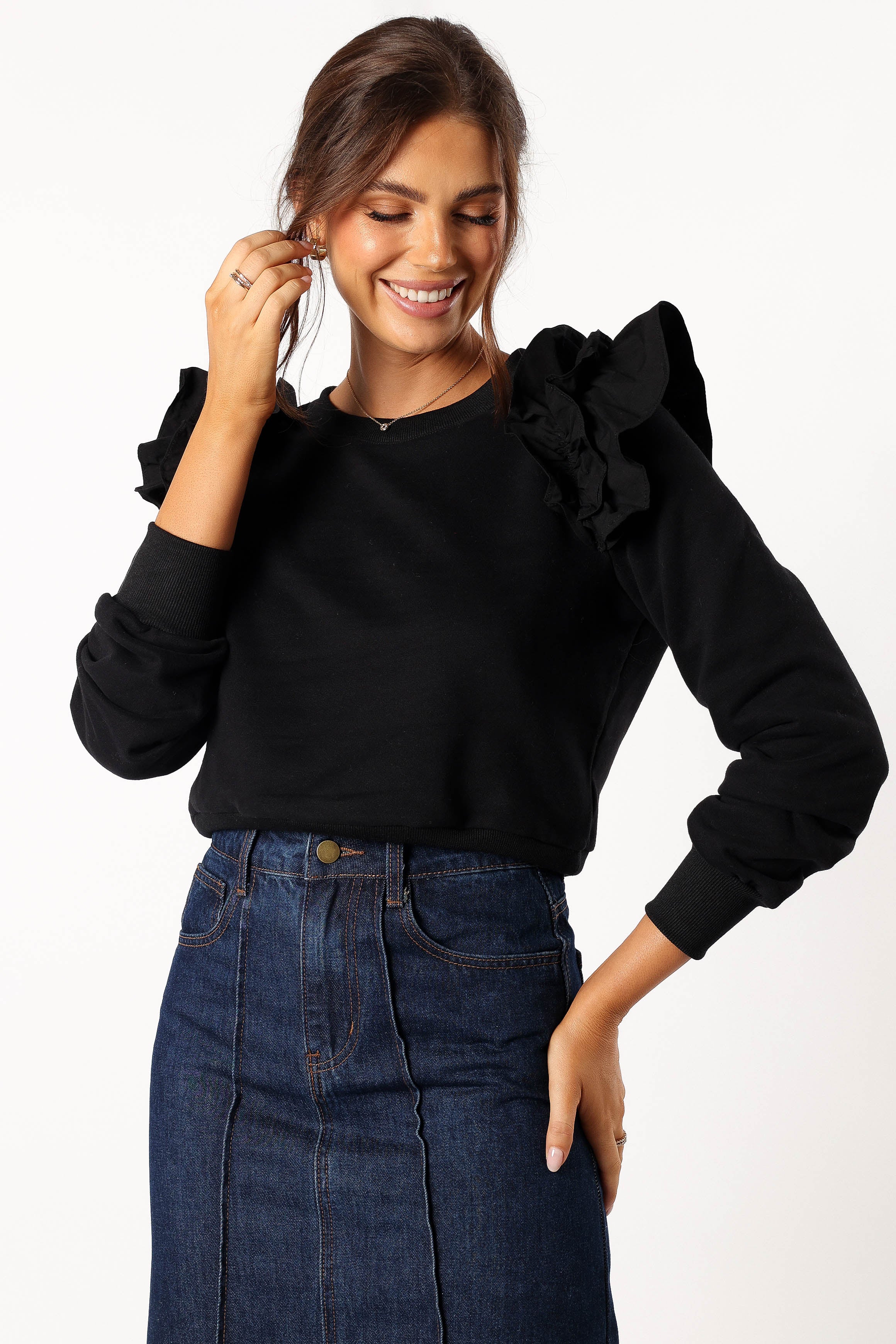 Black Cora Ruffle Sleeve Sweatshirt - Cozy Cotton Blend Top