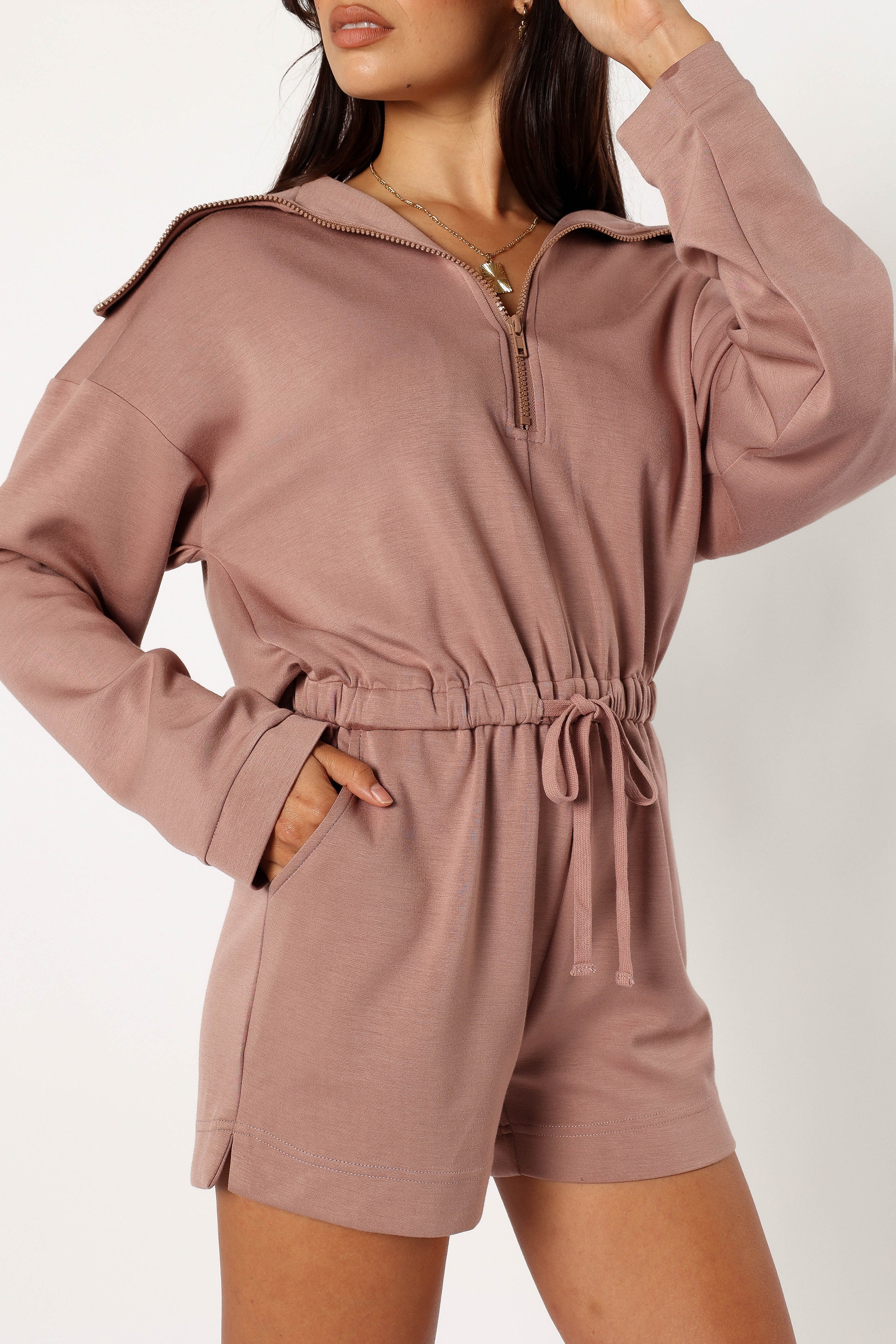 Women's Mocha Sweater Romper with Zip Front & Pockets