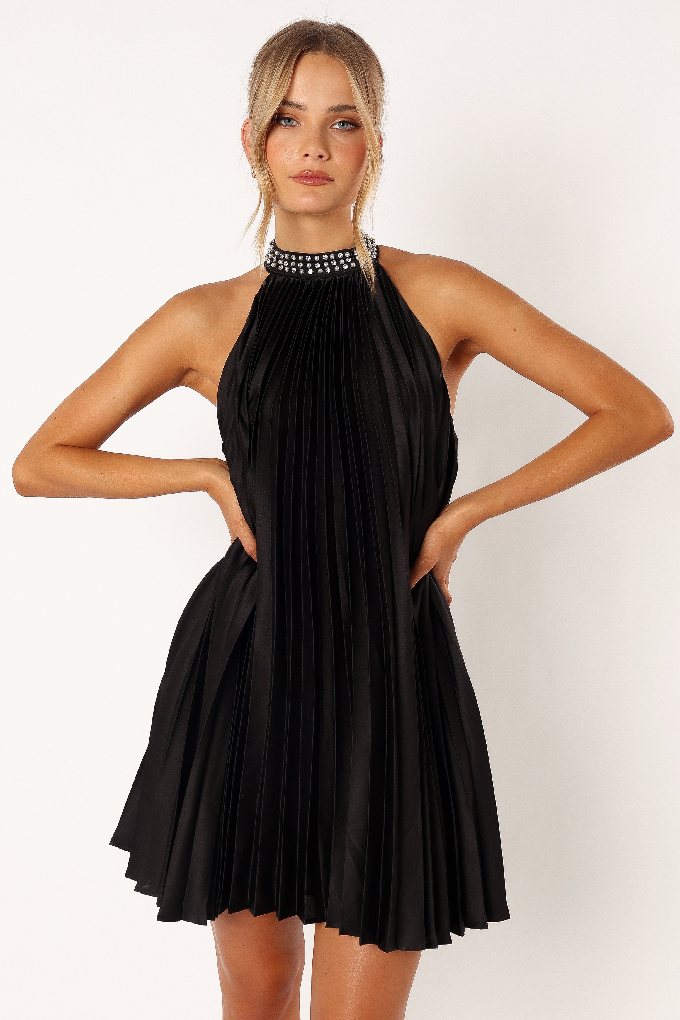 Black Halterneck Mini Dress with Pearl Embellishments – Lizzy