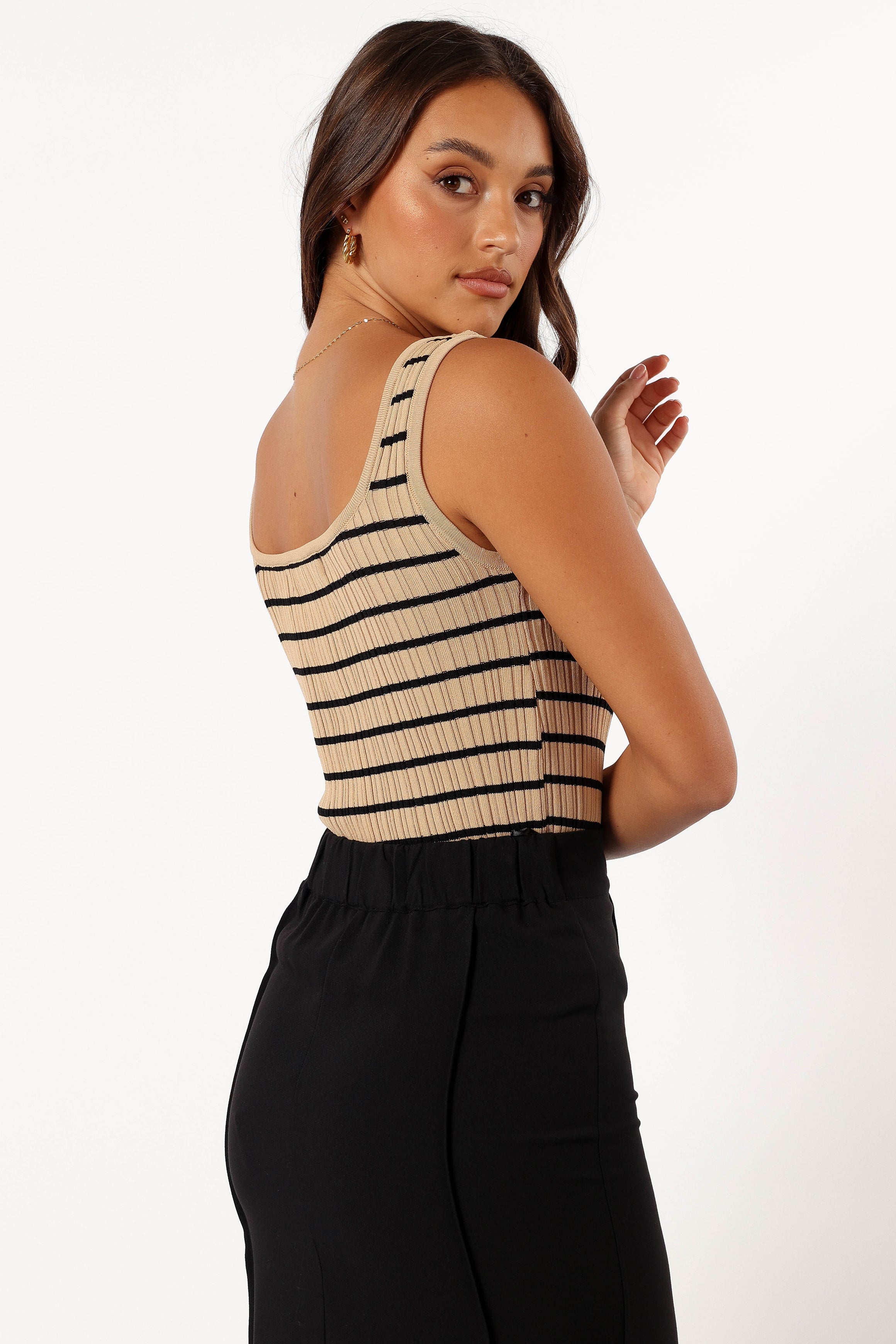 Milla Striped Ribbed Knit Tank Top - Beige & Black