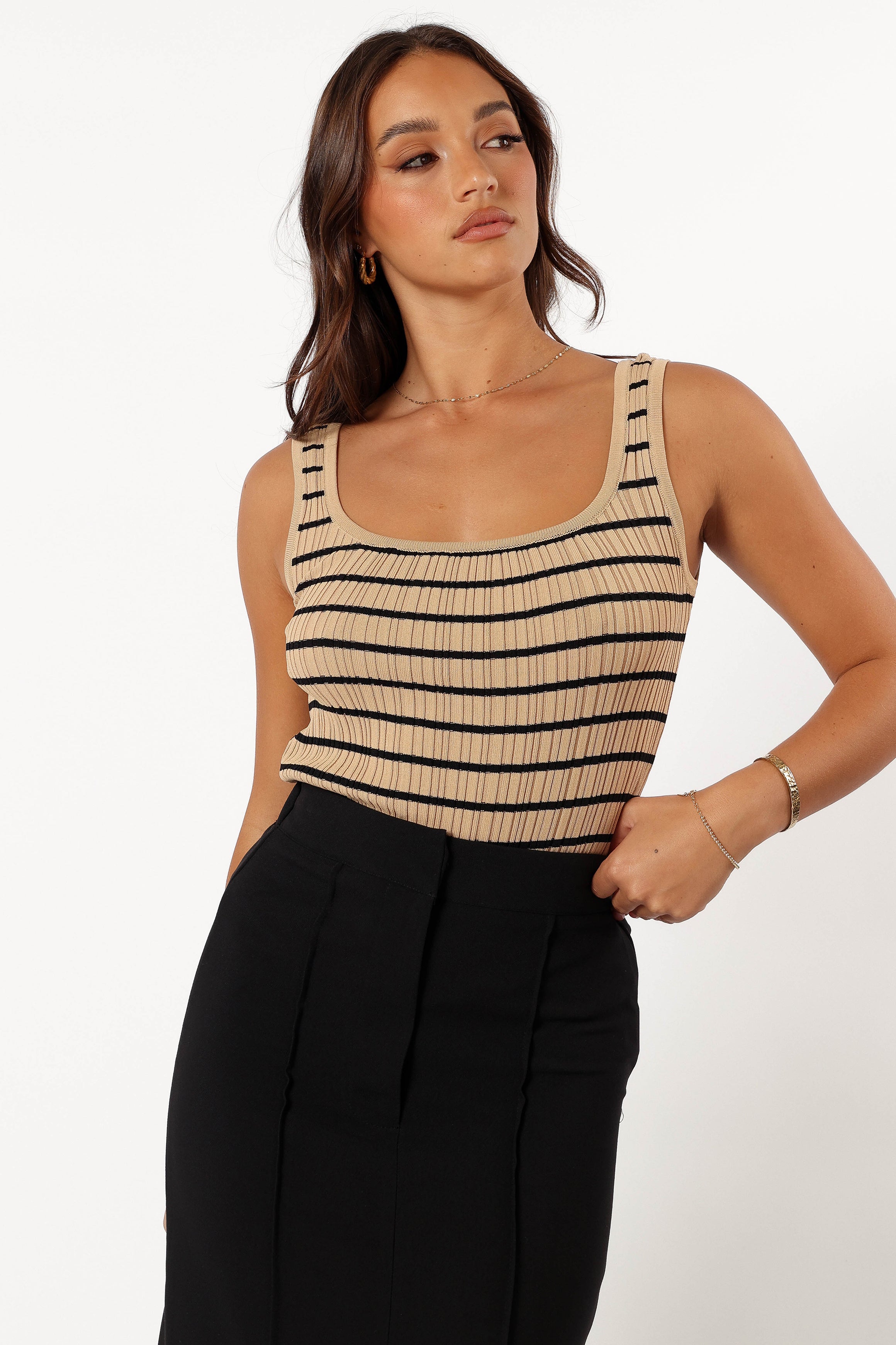 Milla Striped Ribbed Knit Tank Top - Beige & Black