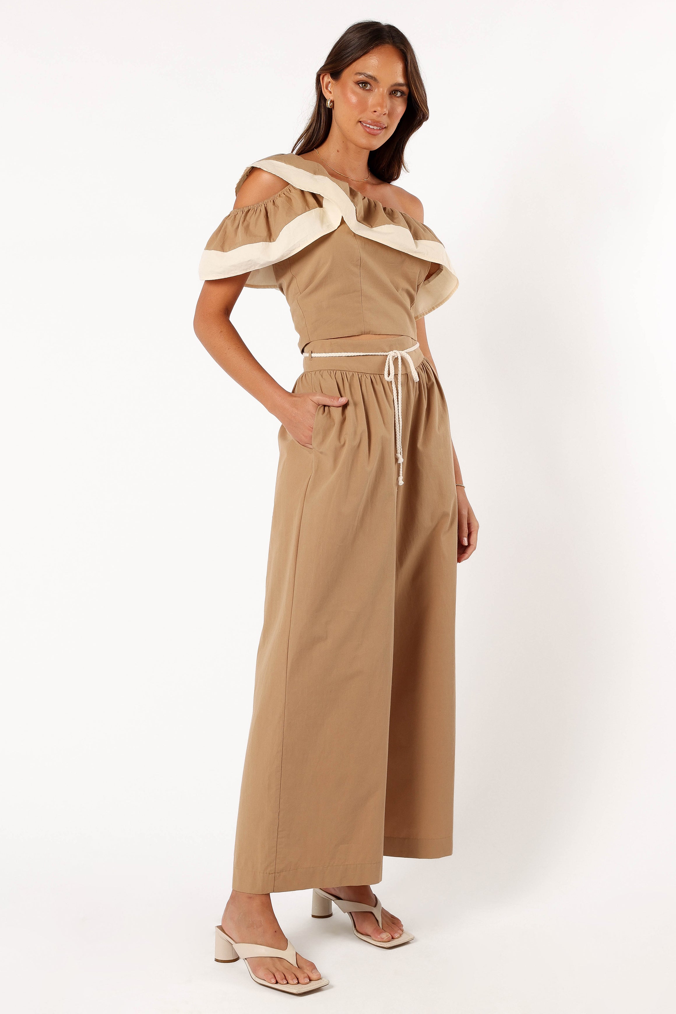 Women's High Waisted Cargo Pants - Everly Tan Cotton Wide Leg