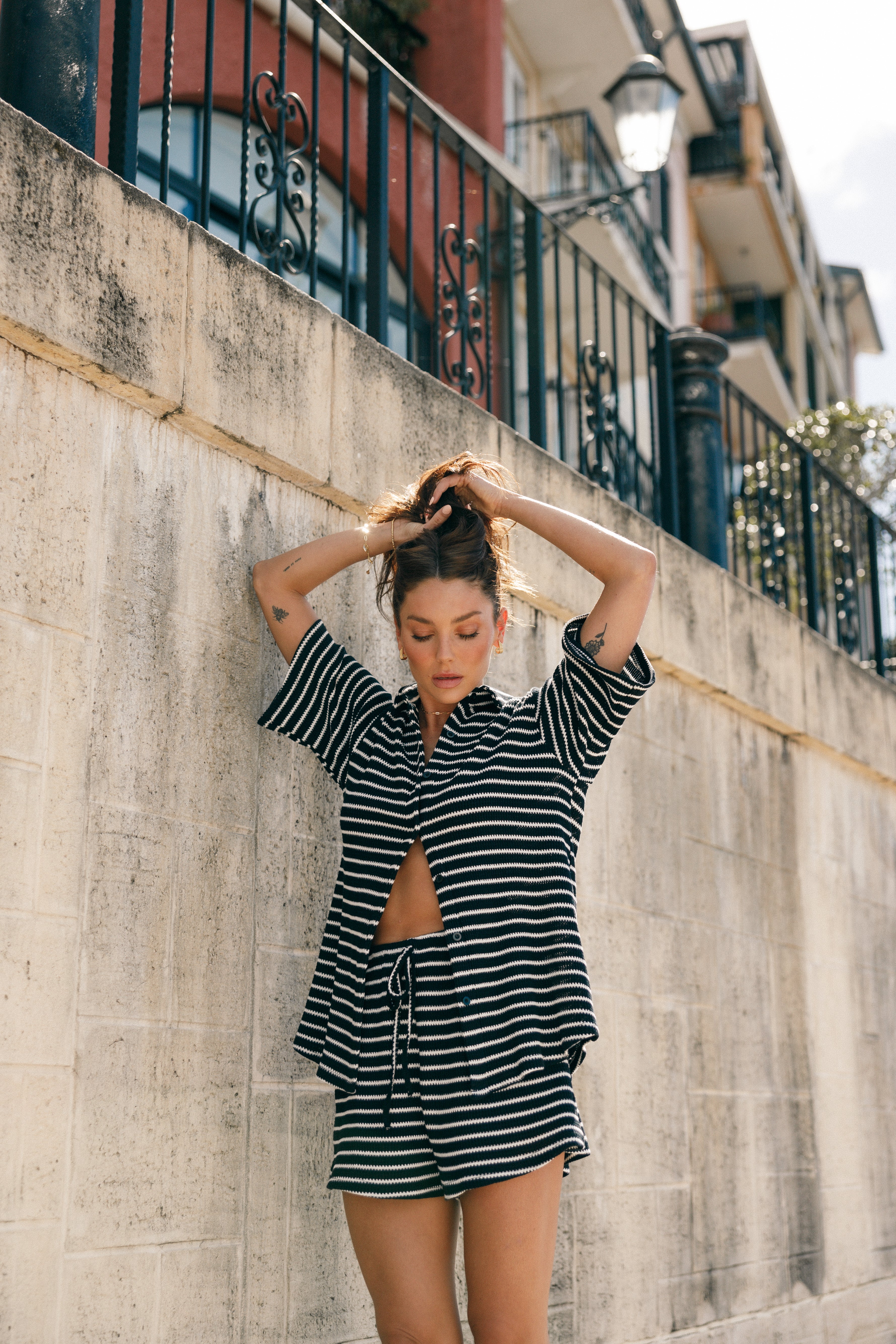 Linnea Striped Cotton Short Set - Black & White Collared Top & High-Waisted Shorts
