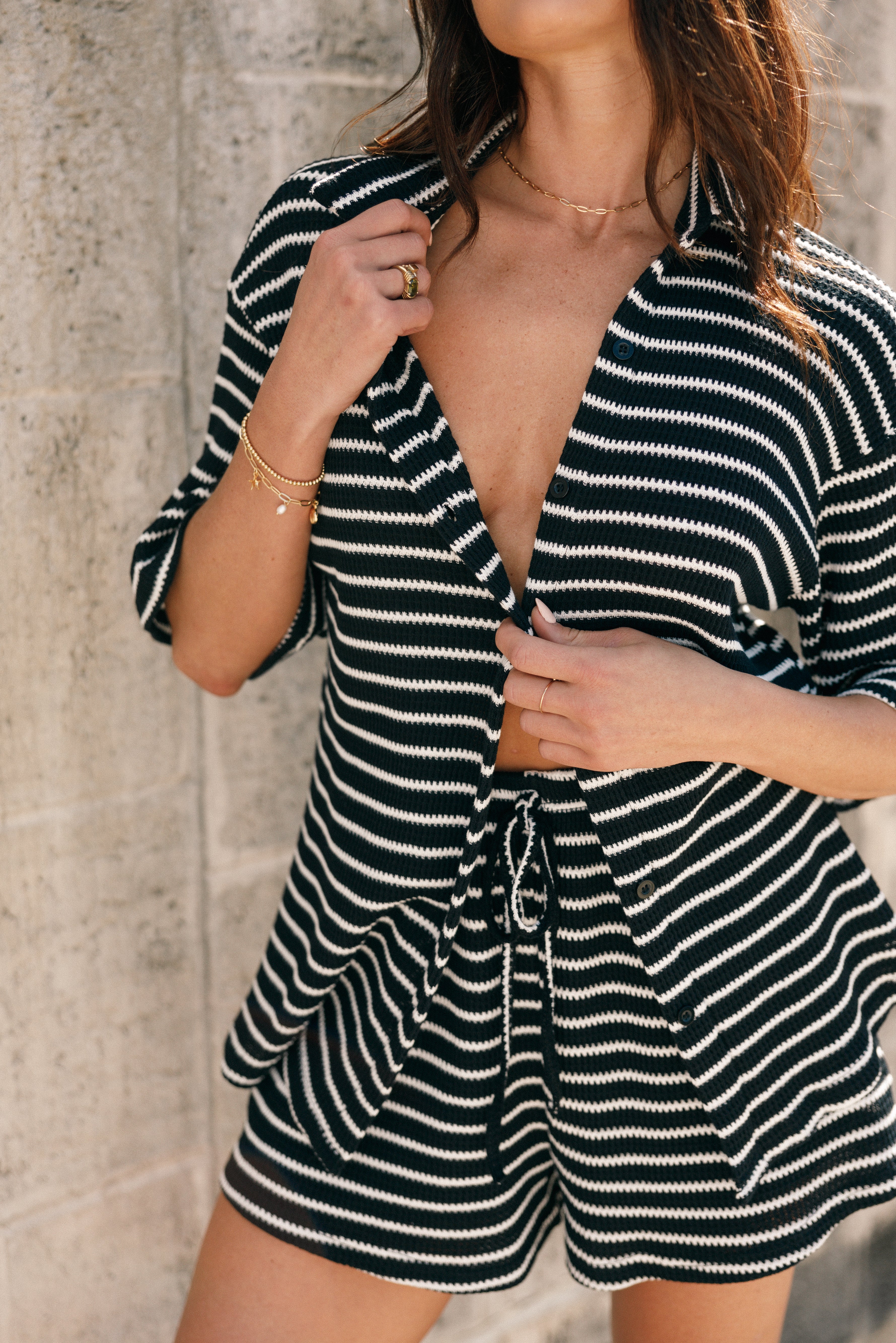 Linnea Striped Cotton Short Set - Black & White Collared Top & High-Waisted Shorts