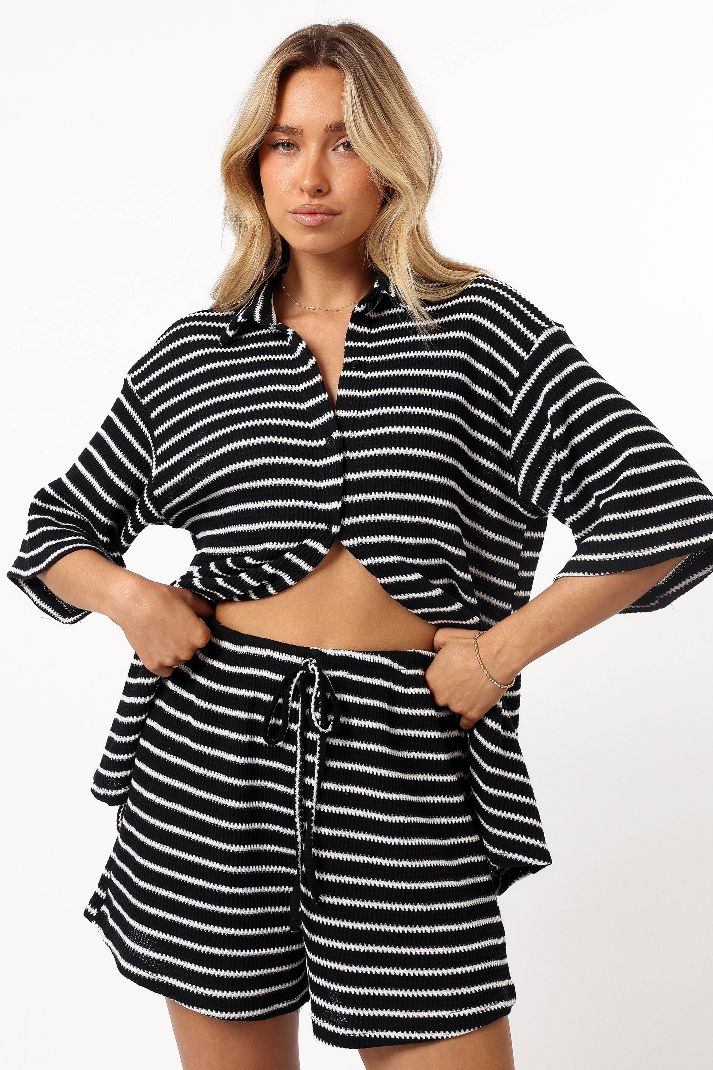 Linnea Striped Cotton Short Set - Black & White Collared Top & High-Waisted Shorts