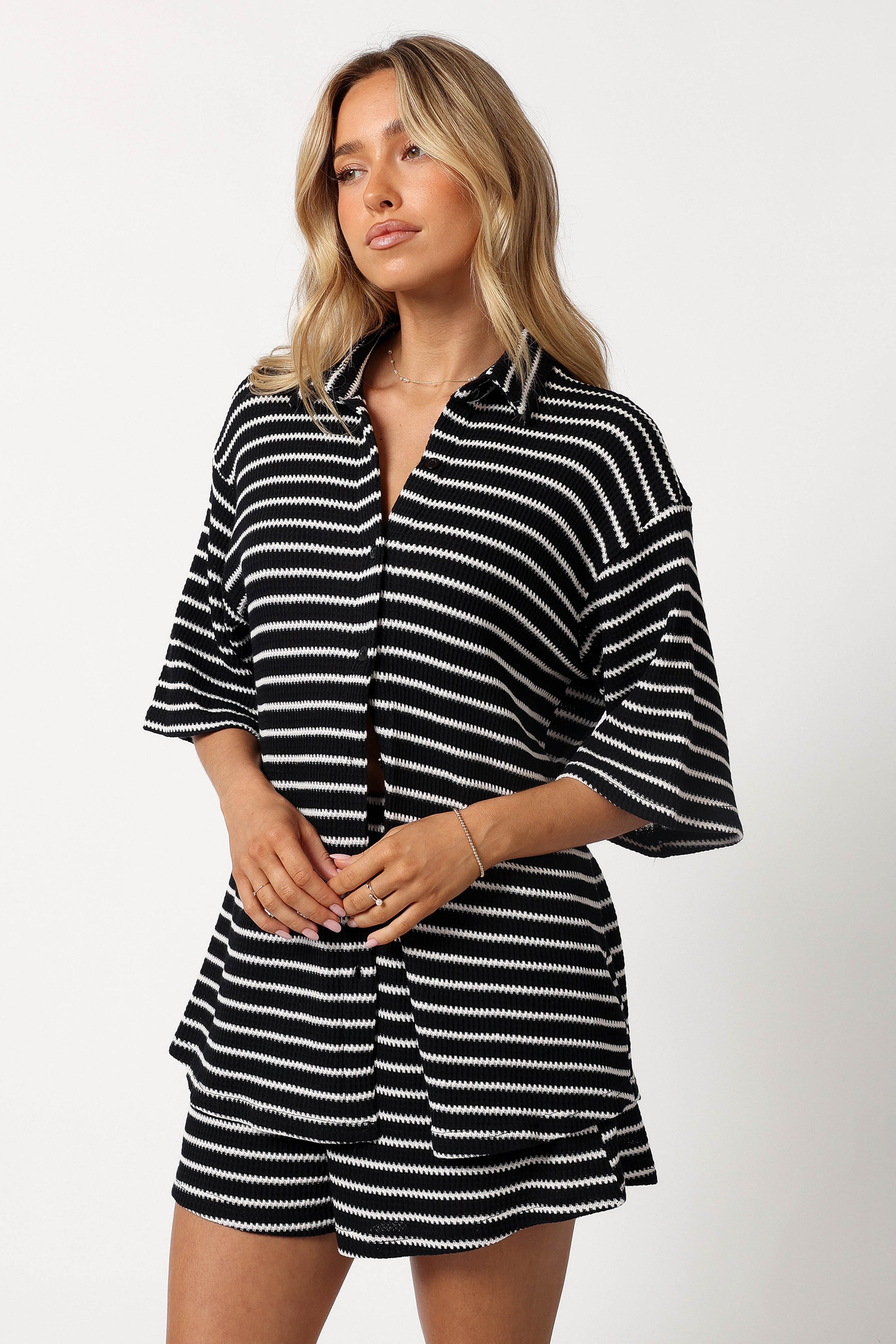 Linnea Striped Cotton Short Set - Black & White Collared Top & High-Waisted Shorts