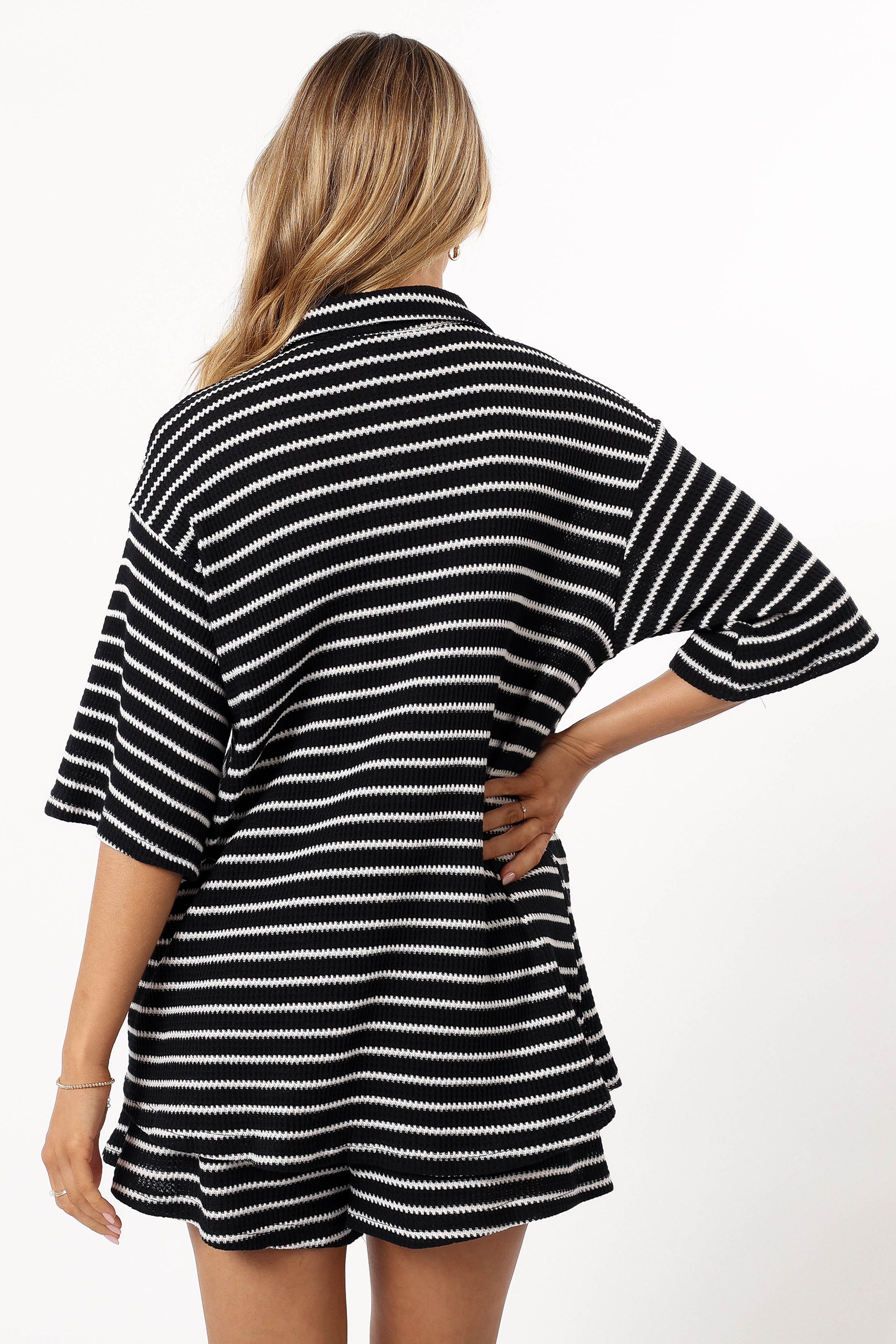 Linnea Striped Cotton Short Set - Black & White Collared Top & High-Waisted Shorts