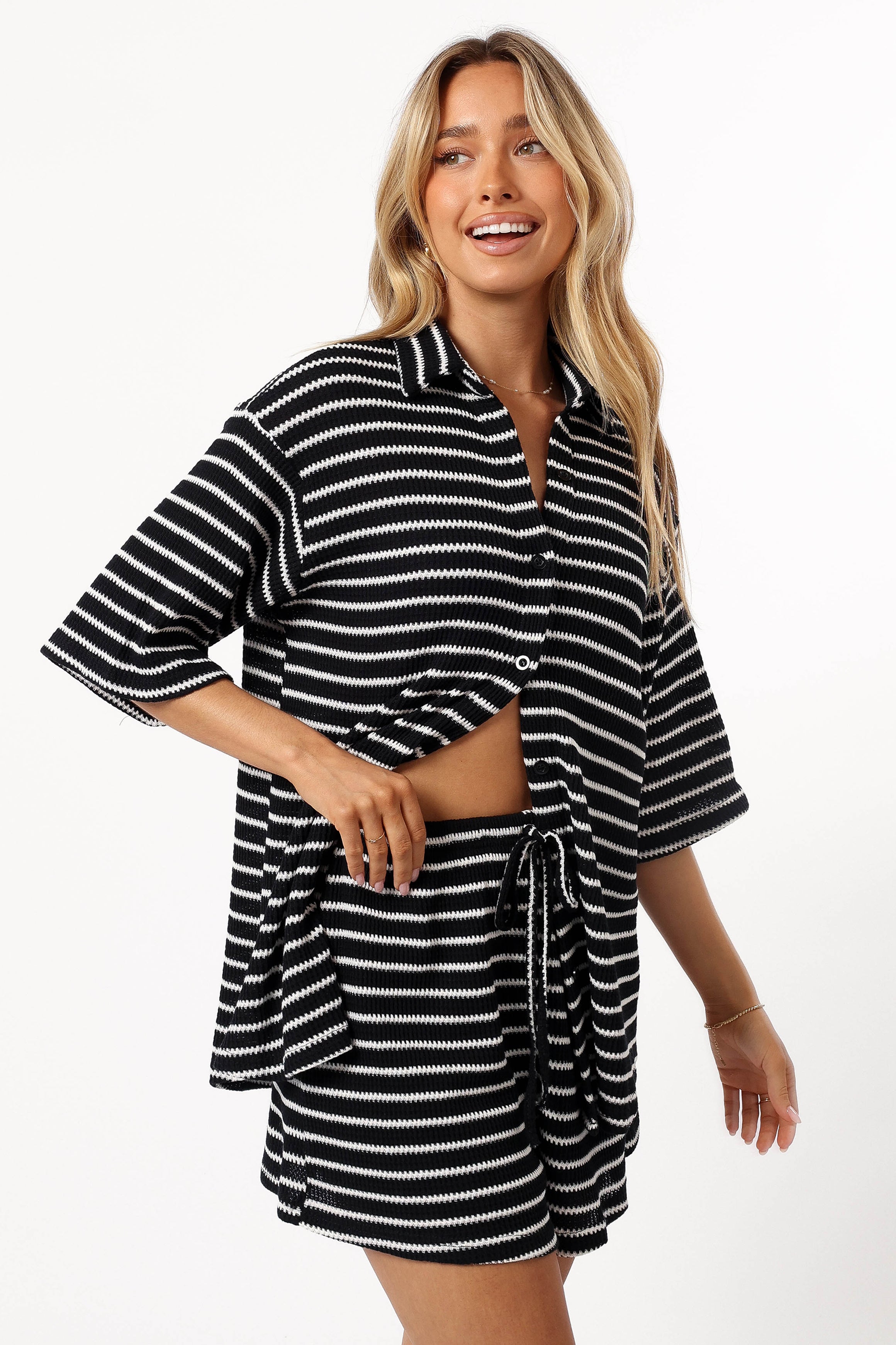 Linnea Striped Cotton Short Set - Black & White Collared Top & High-Waisted Shorts