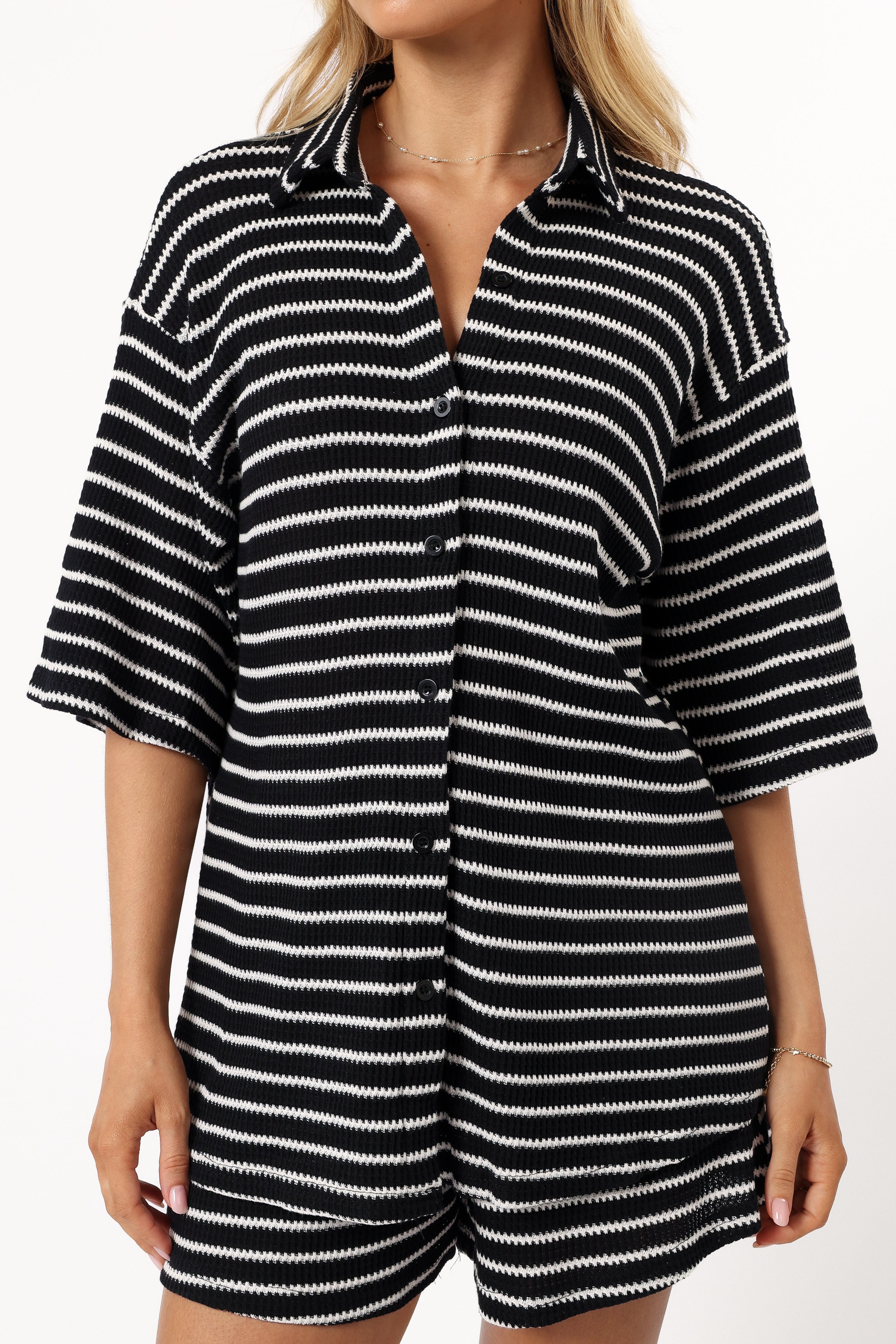 Linnea Striped Cotton Short Set - Black & White Collared Top & High-Waisted Shorts