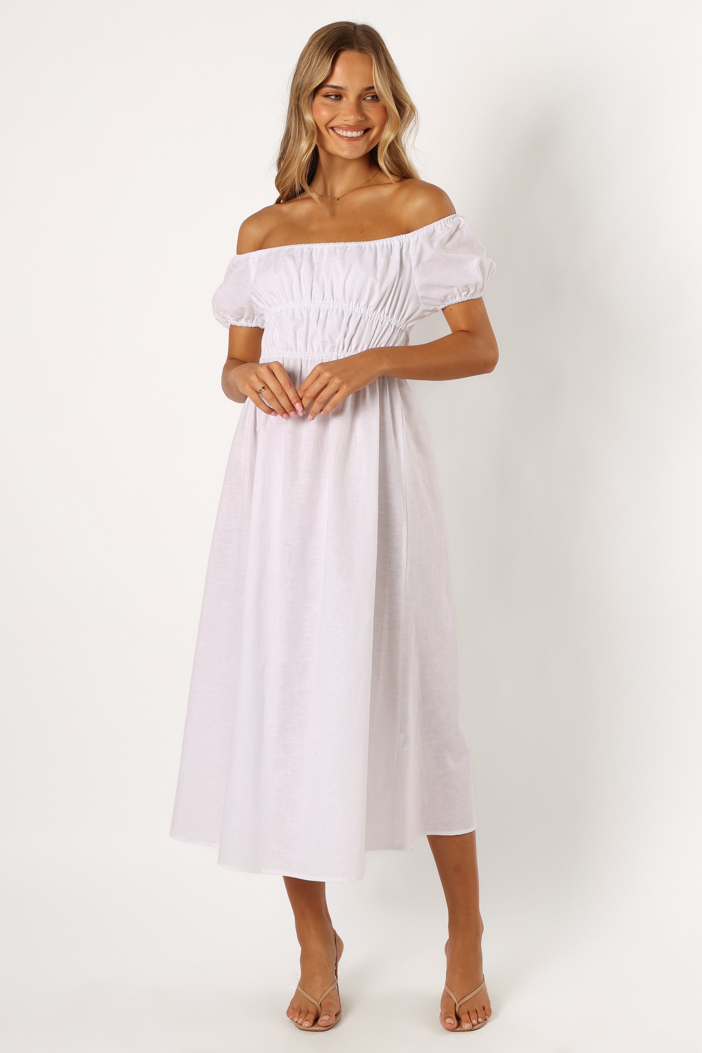 Sofia Linen Cotton Off Shoulder Maxi Dress - White
