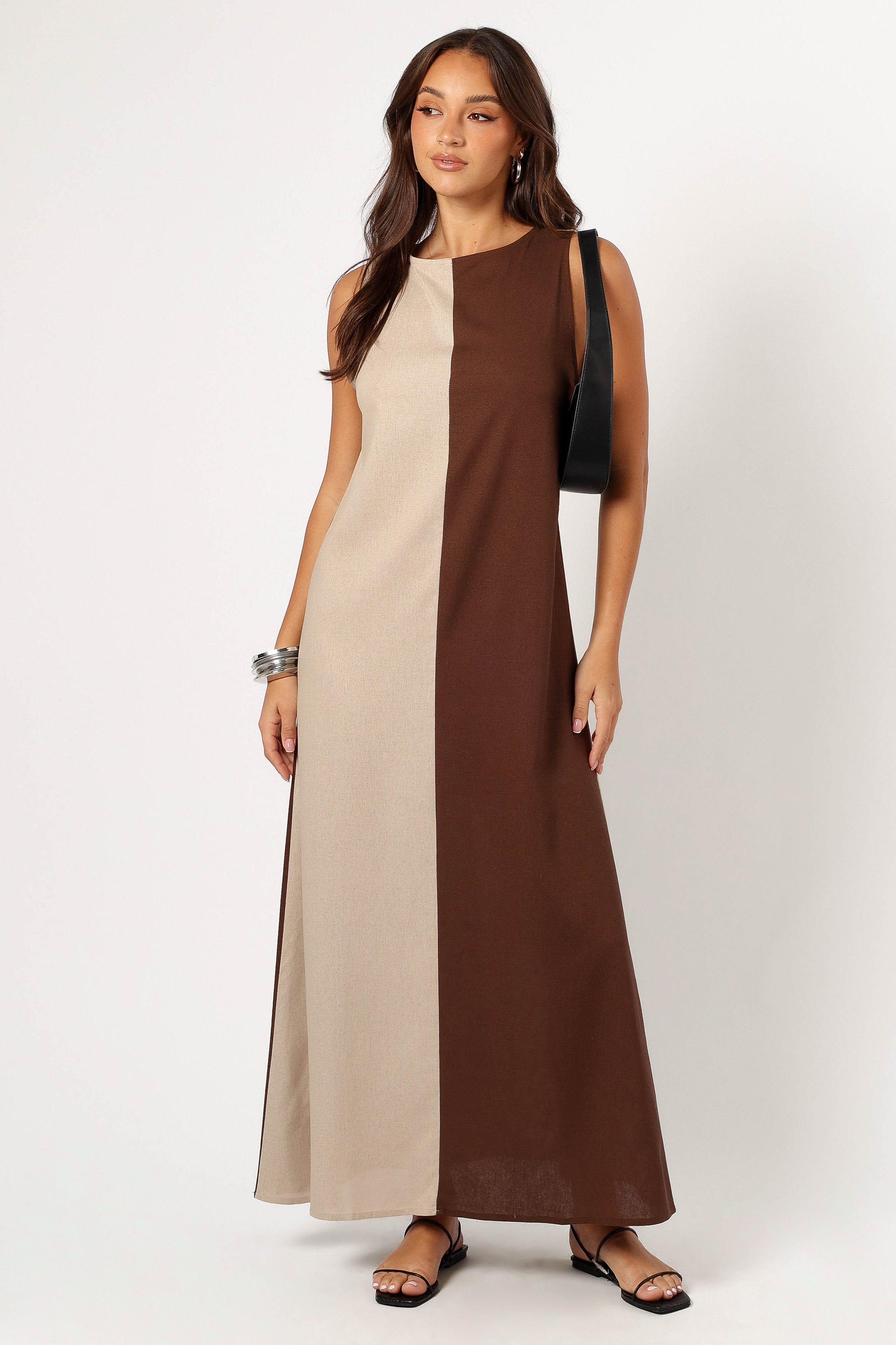 Lindi Brown Beige Maxi Dress - Sleeveless Open Back Shift Style