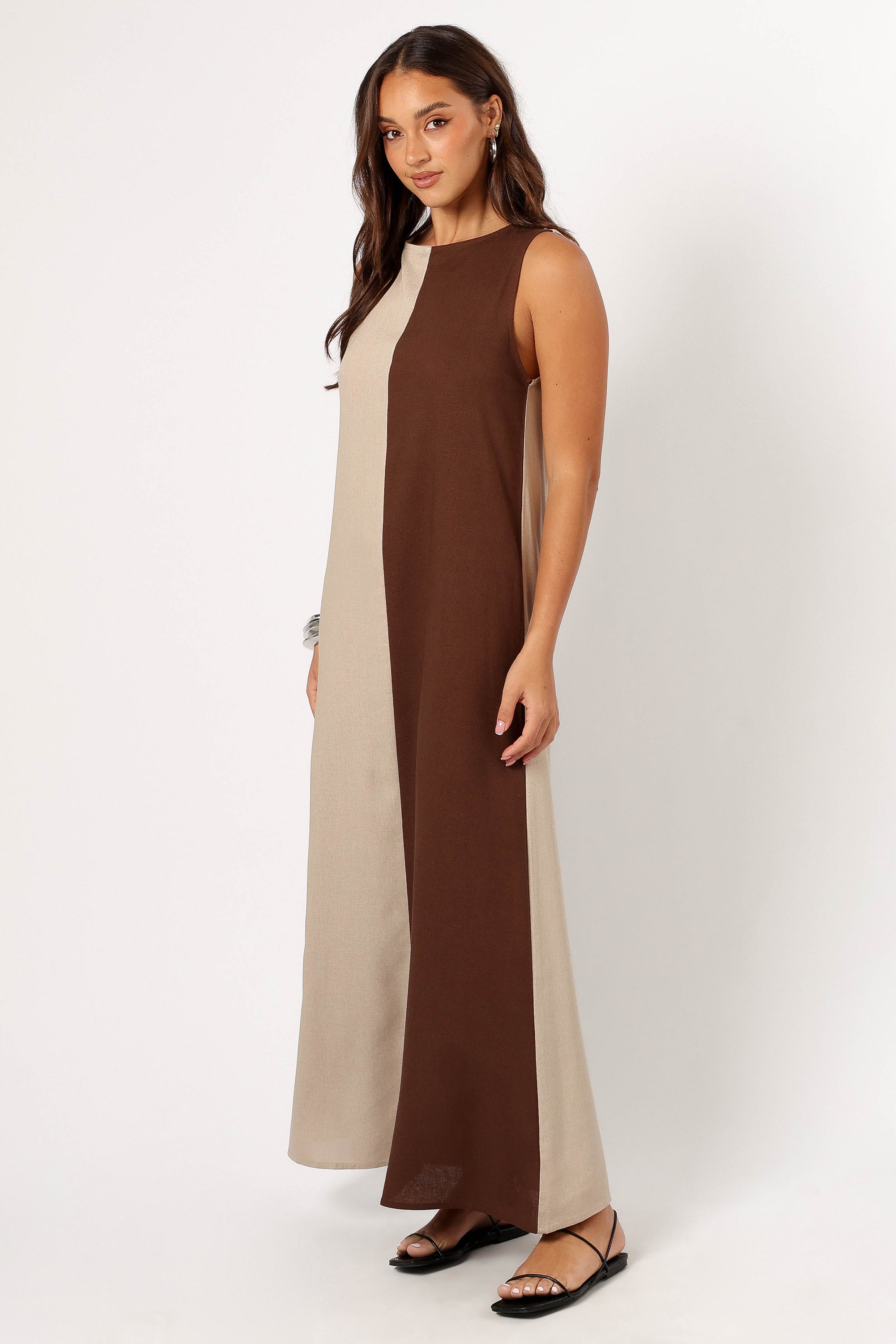 Lindi Brown Beige Maxi Dress - Sleeveless Open Back Shift Style