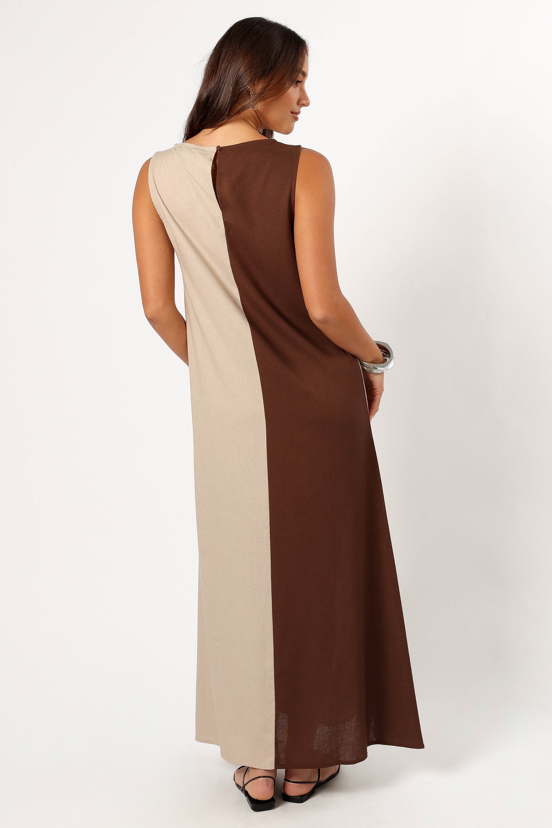 Lindi Brown Beige Maxi Dress - Sleeveless Open Back Shift Style