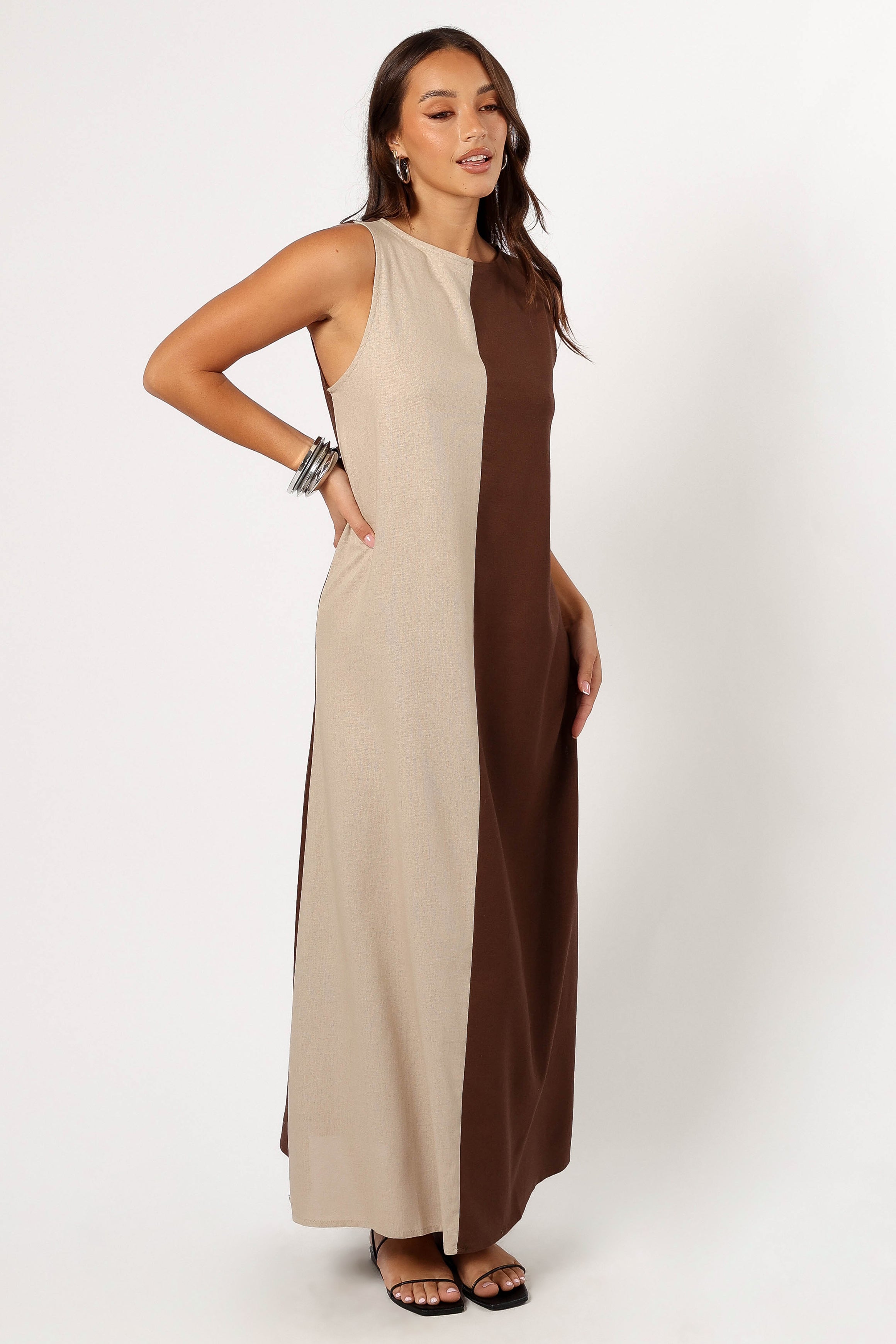 Lindi Brown Beige Maxi Dress - Sleeveless Open Back Shift Style
