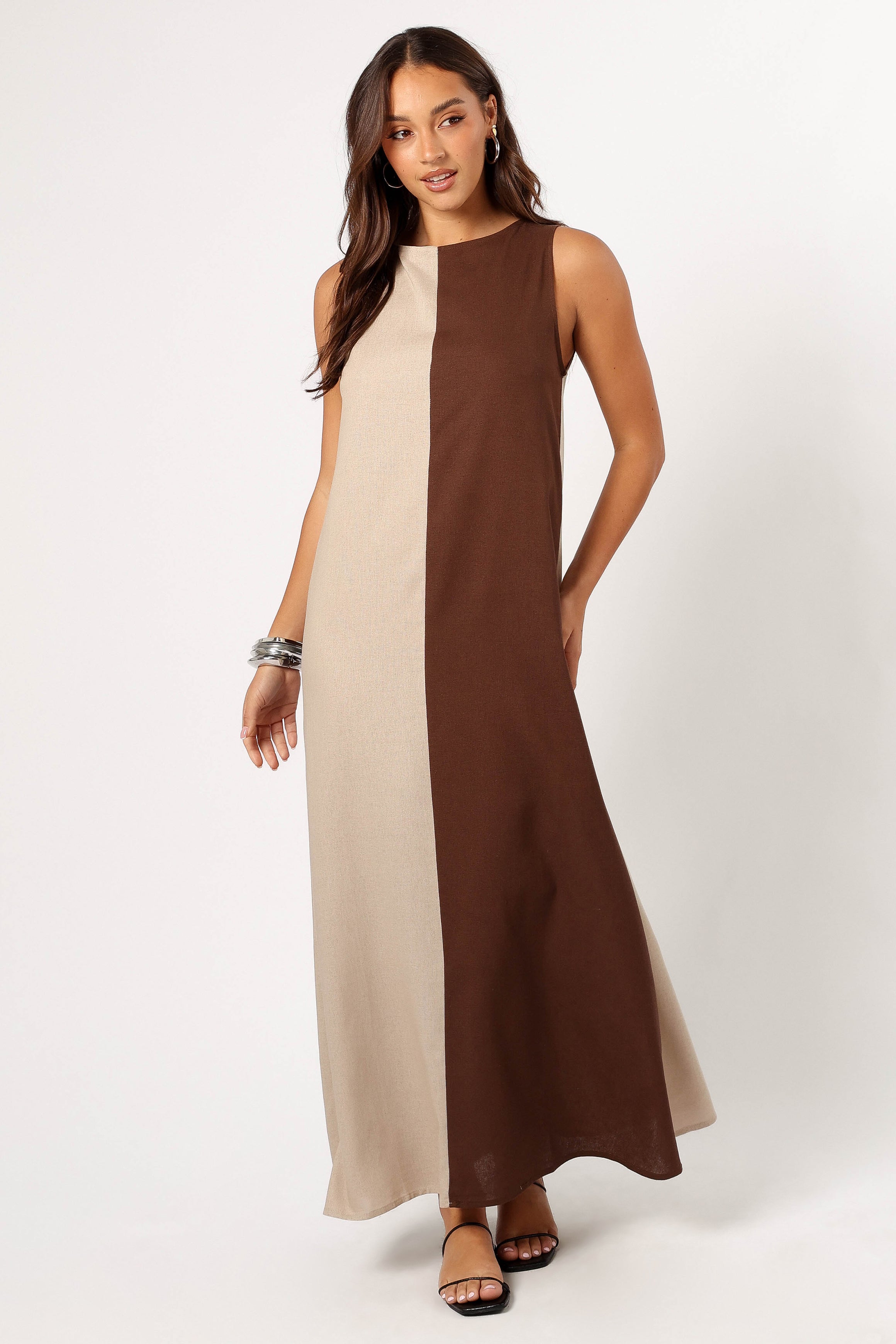 Lindi Brown Beige Maxi Dress - Sleeveless Open Back Shift Style
