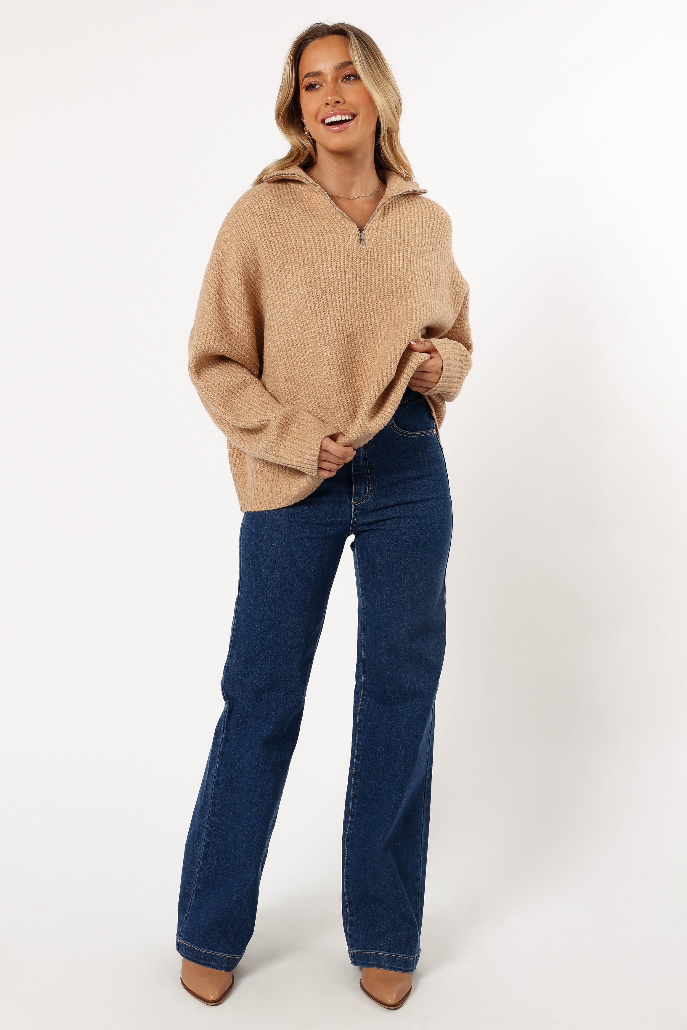 Beige Miranda Zip Collar Knit Sweater - Relaxed Fit