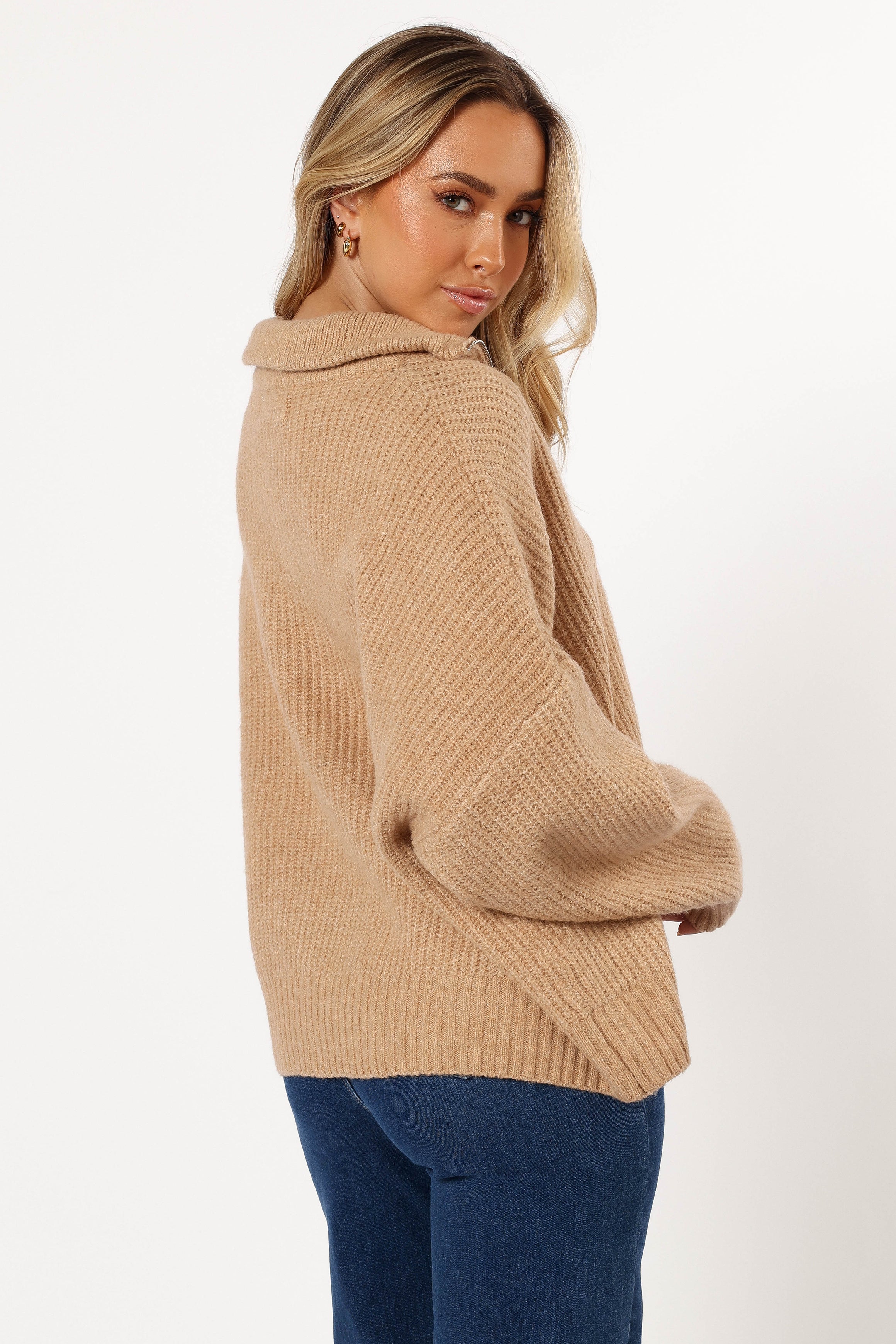 Beige Miranda Zip Collar Knit Sweater - Relaxed Fit