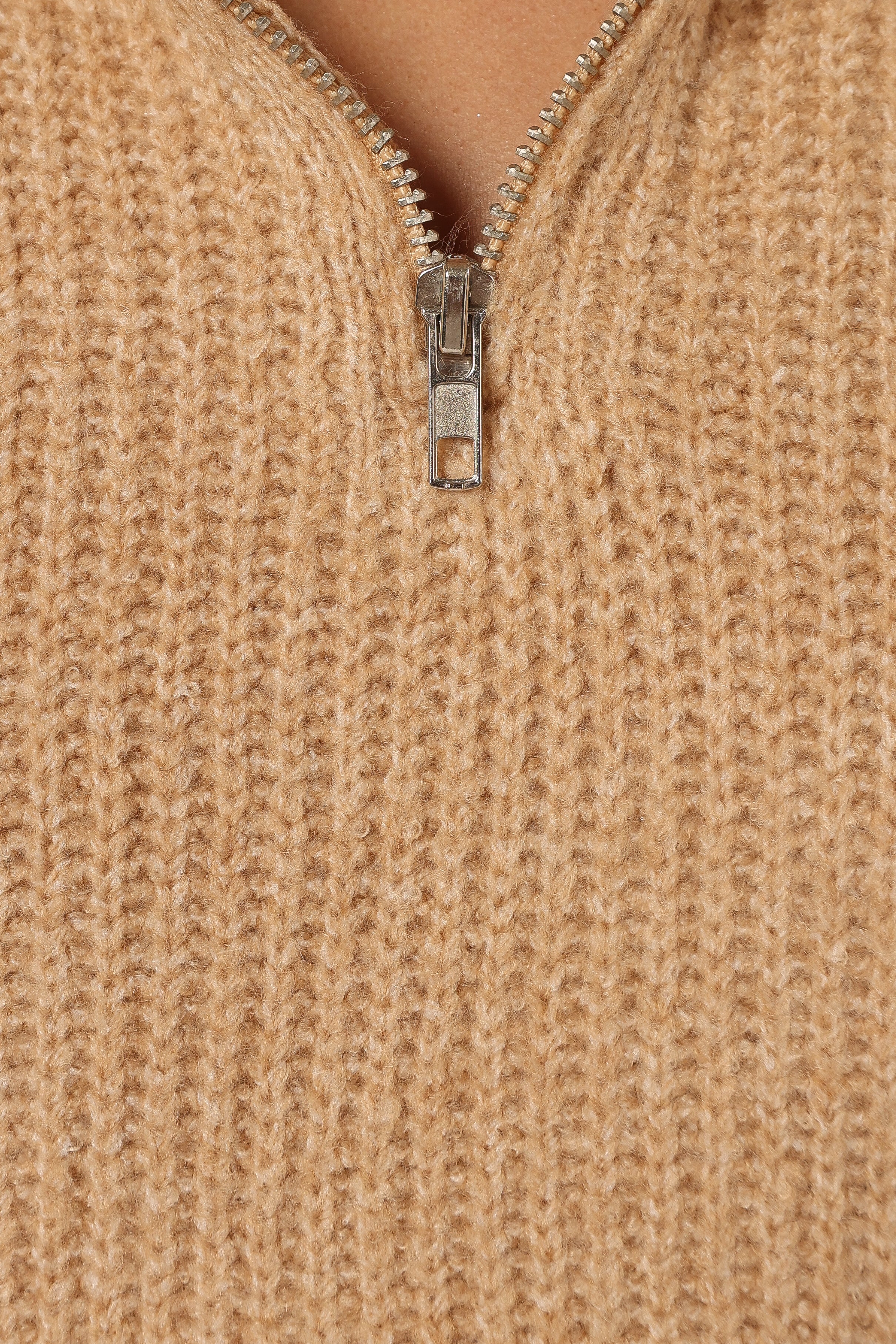 Beige Miranda Zip Collar Knit Sweater - Relaxed Fit