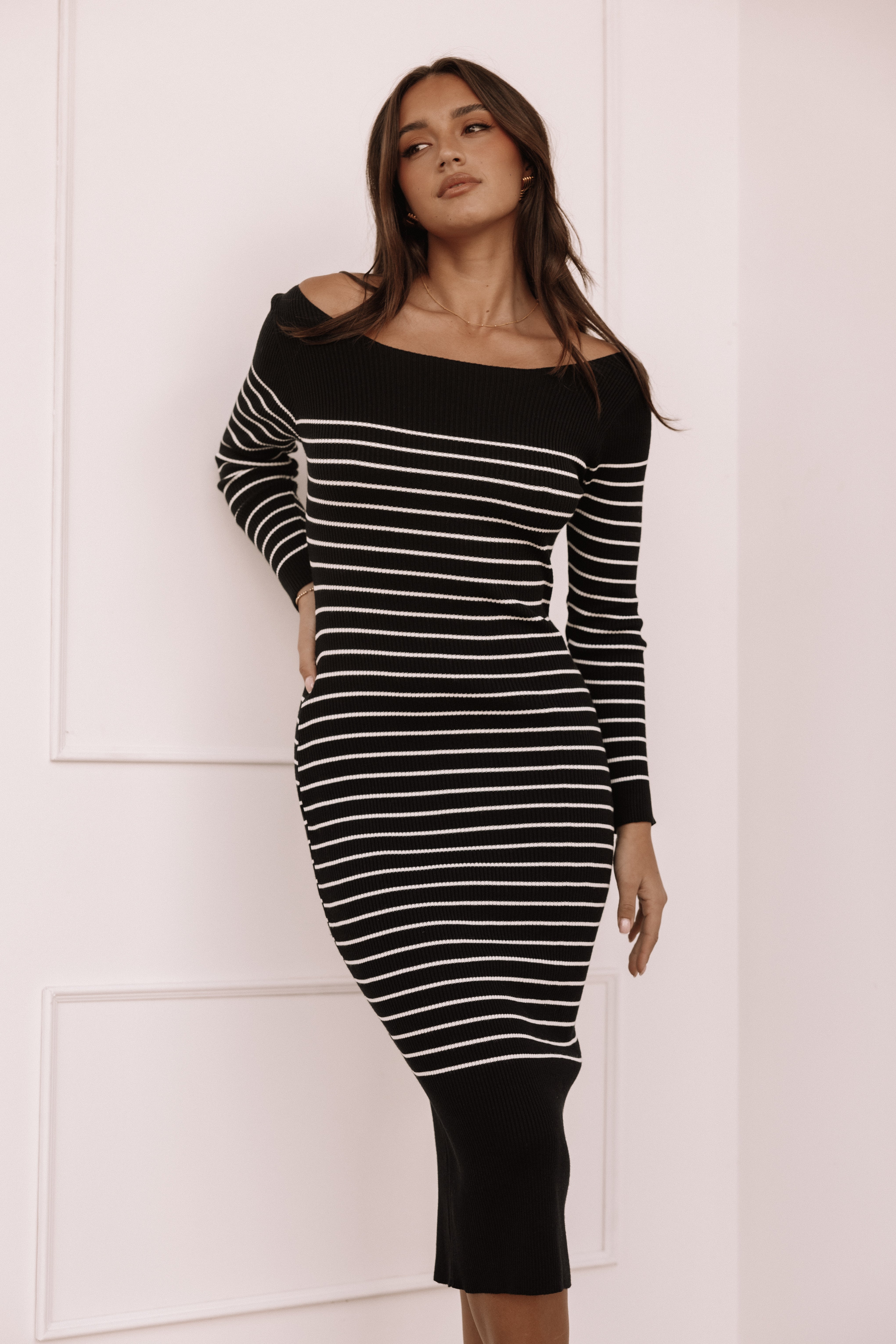 Baxtor Off Shoulder Midi Dress - White & Black Ribbed Knit