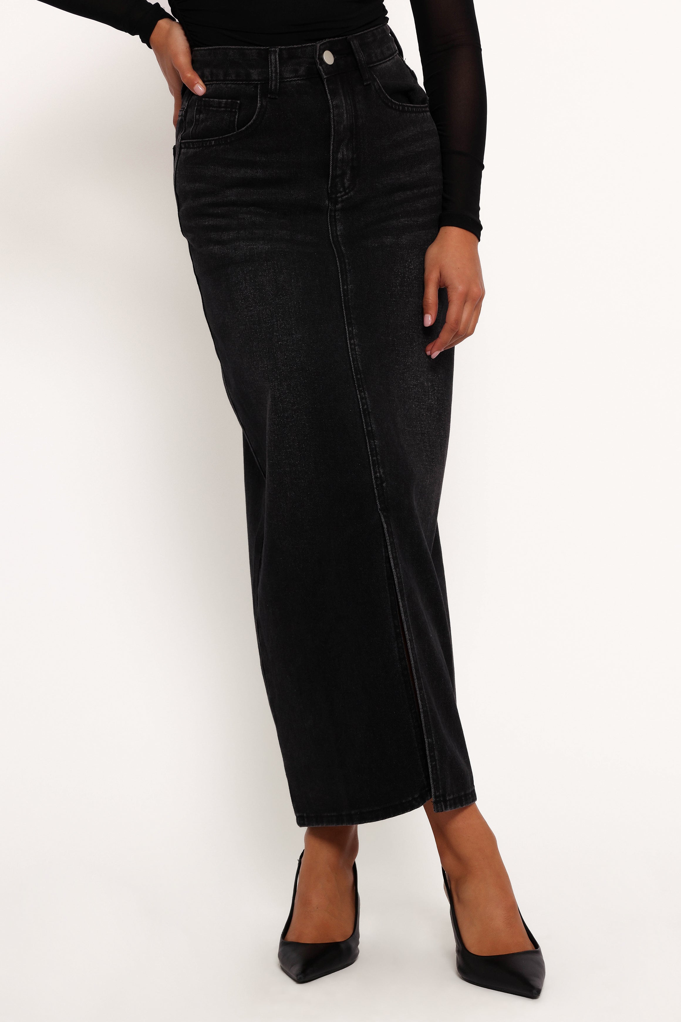 Dana Denim Midi Skirt - Black Wash with Front Zip & Pockets
