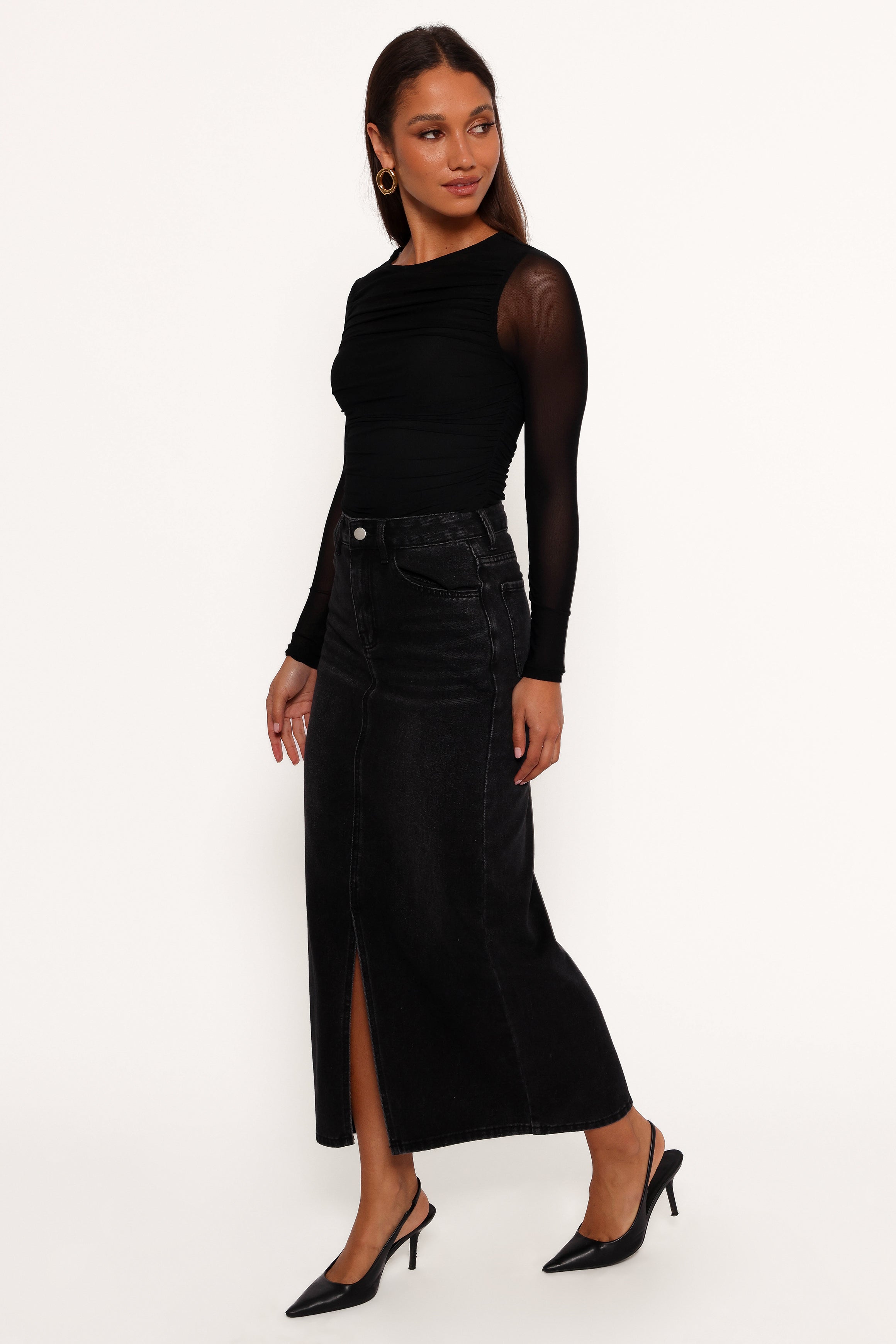 Dana Denim Midi Skirt - Black Wash with Front Zip & Pockets