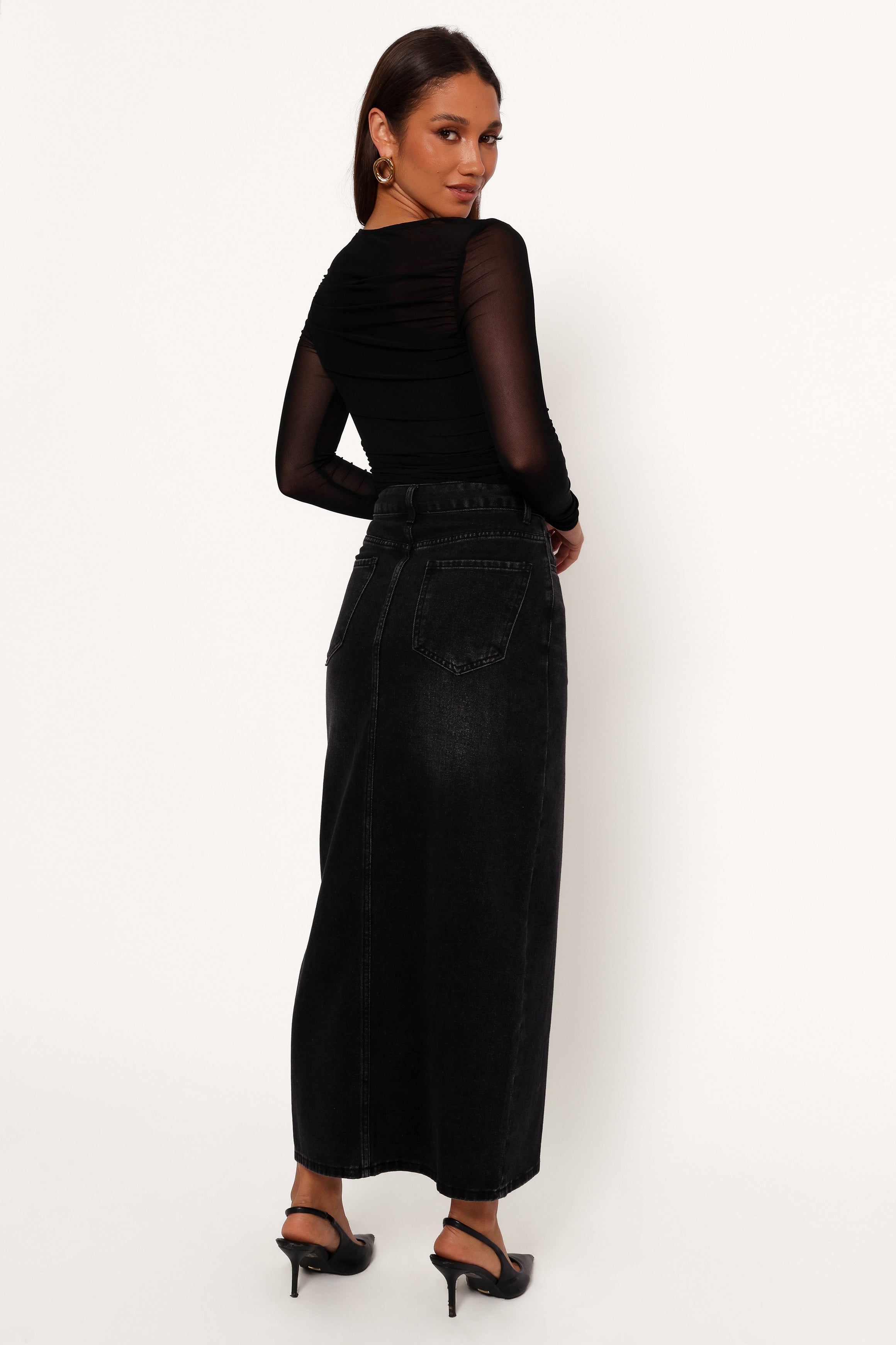 Dana Denim Midi Skirt - Black Wash with Front Zip & Pockets
