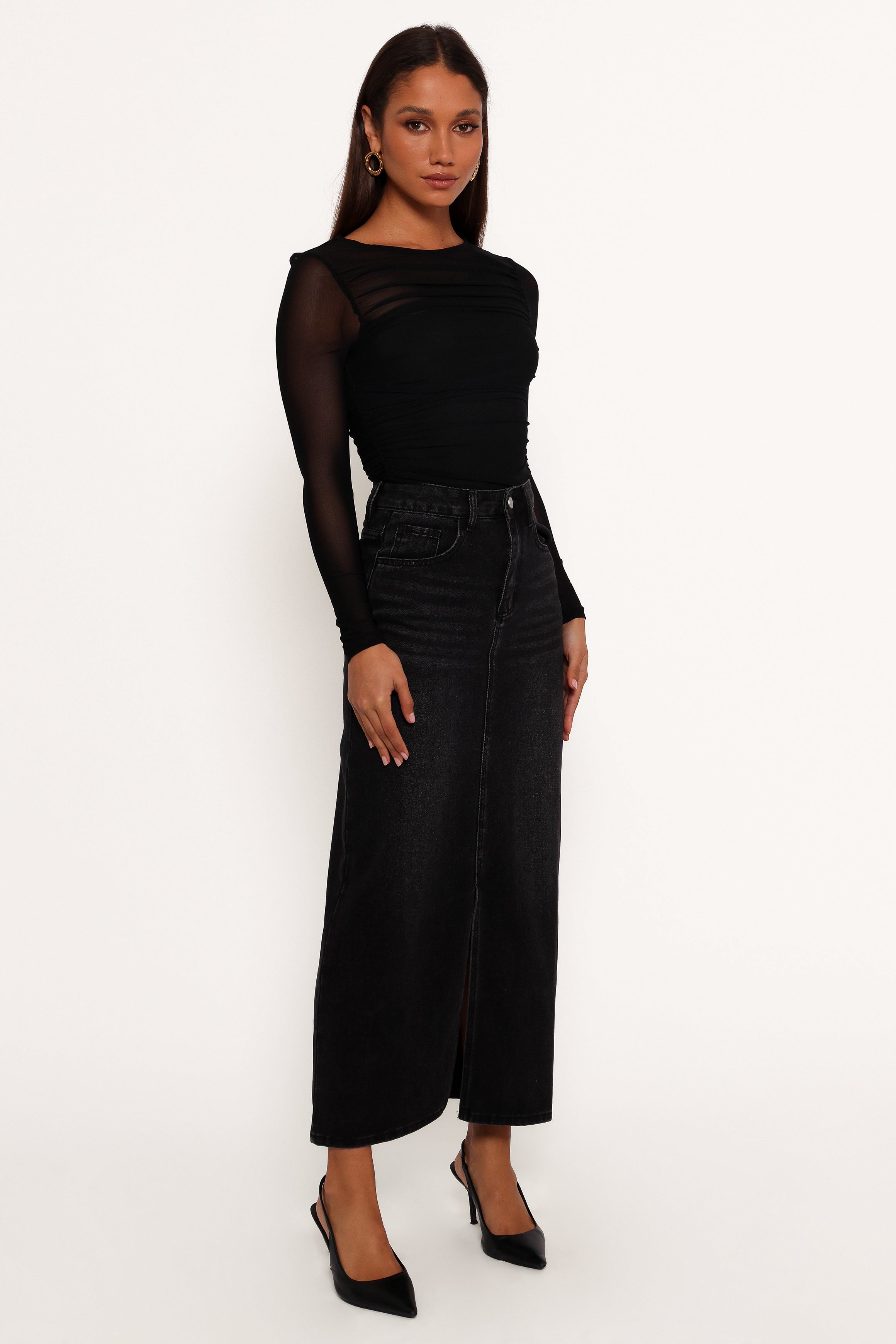 Dana Denim Midi Skirt - Black Wash with Front Zip & Pockets