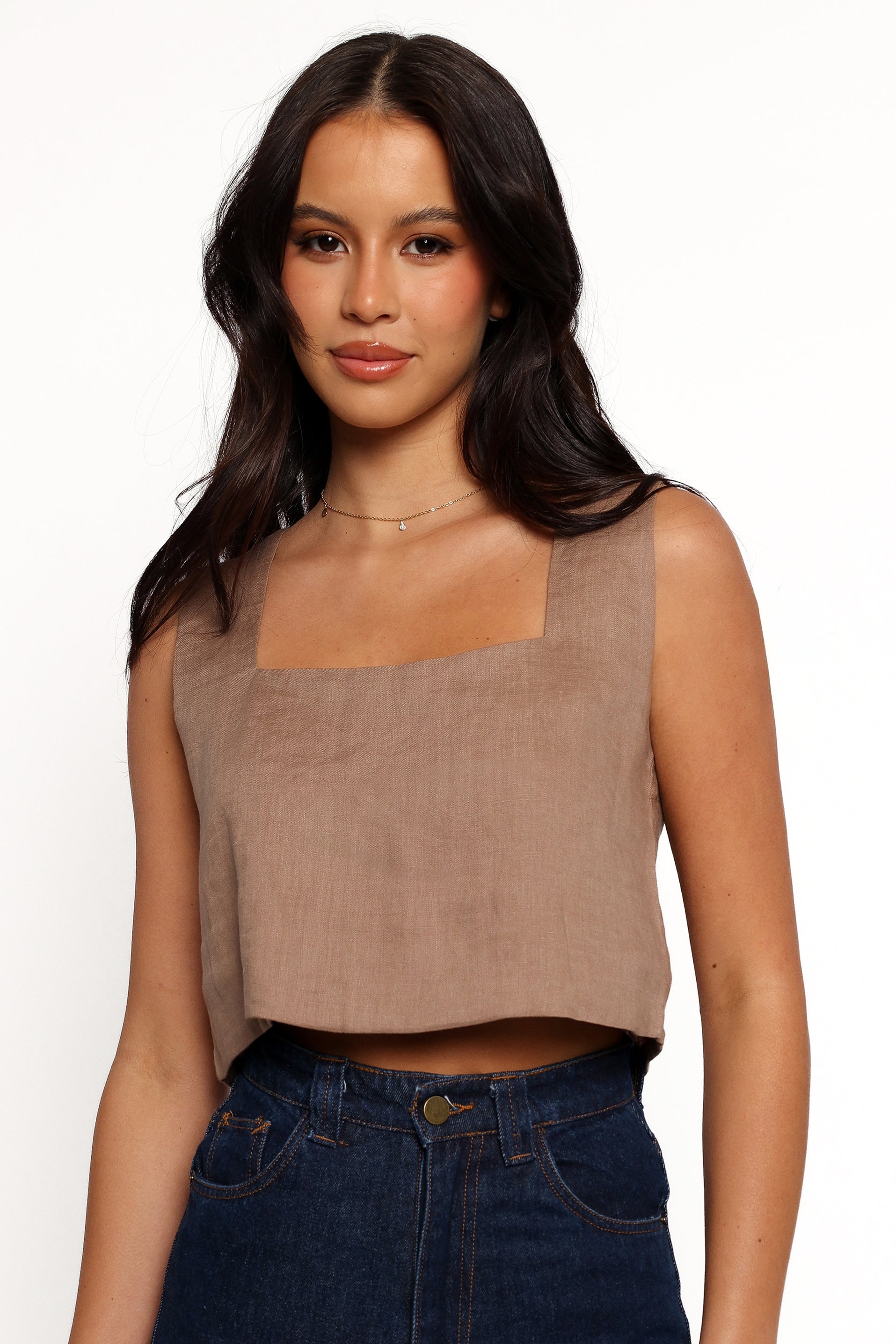 Linen Cropped Top - Devlin Square Neck Relaxed Fit in Mocha