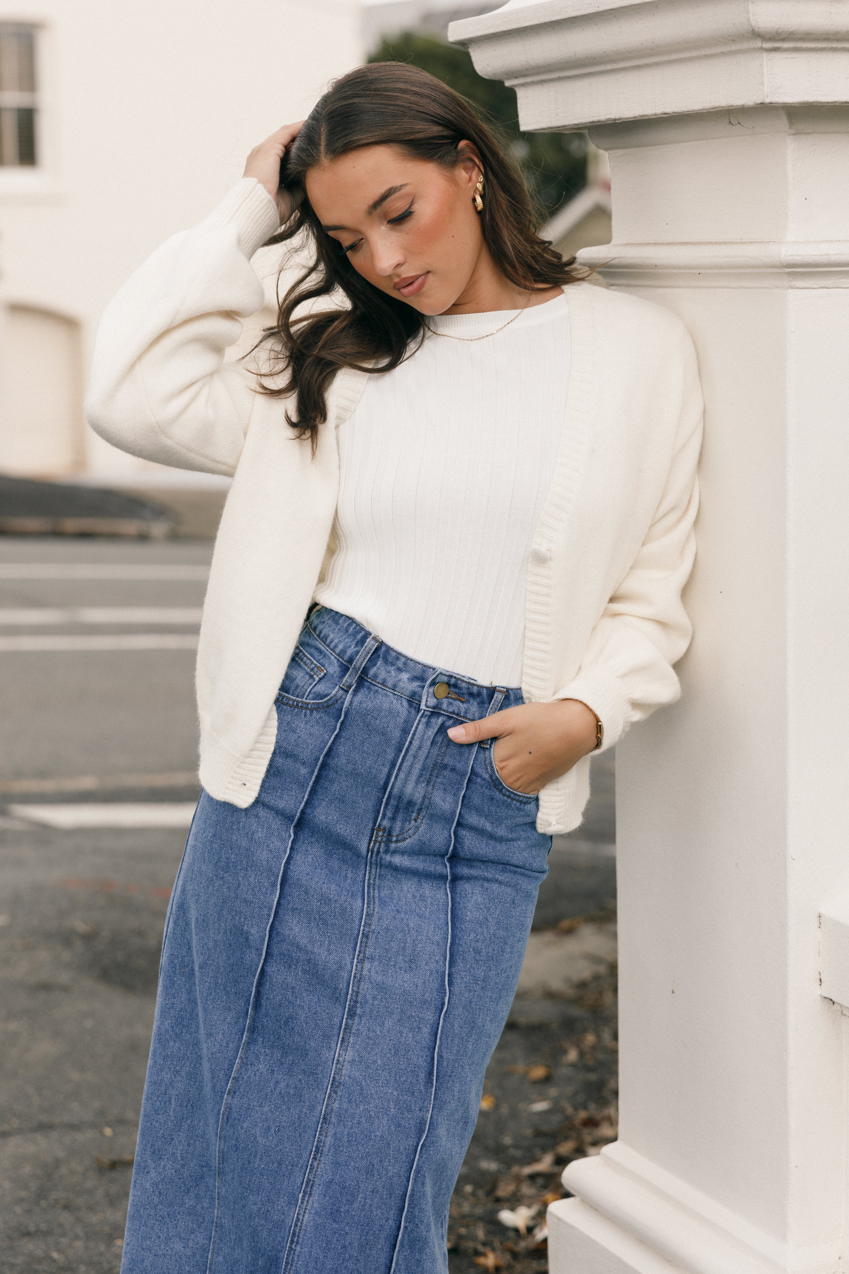 Aneesa Ribbed Knit Top - White Long Sleeve with Frill Cuff