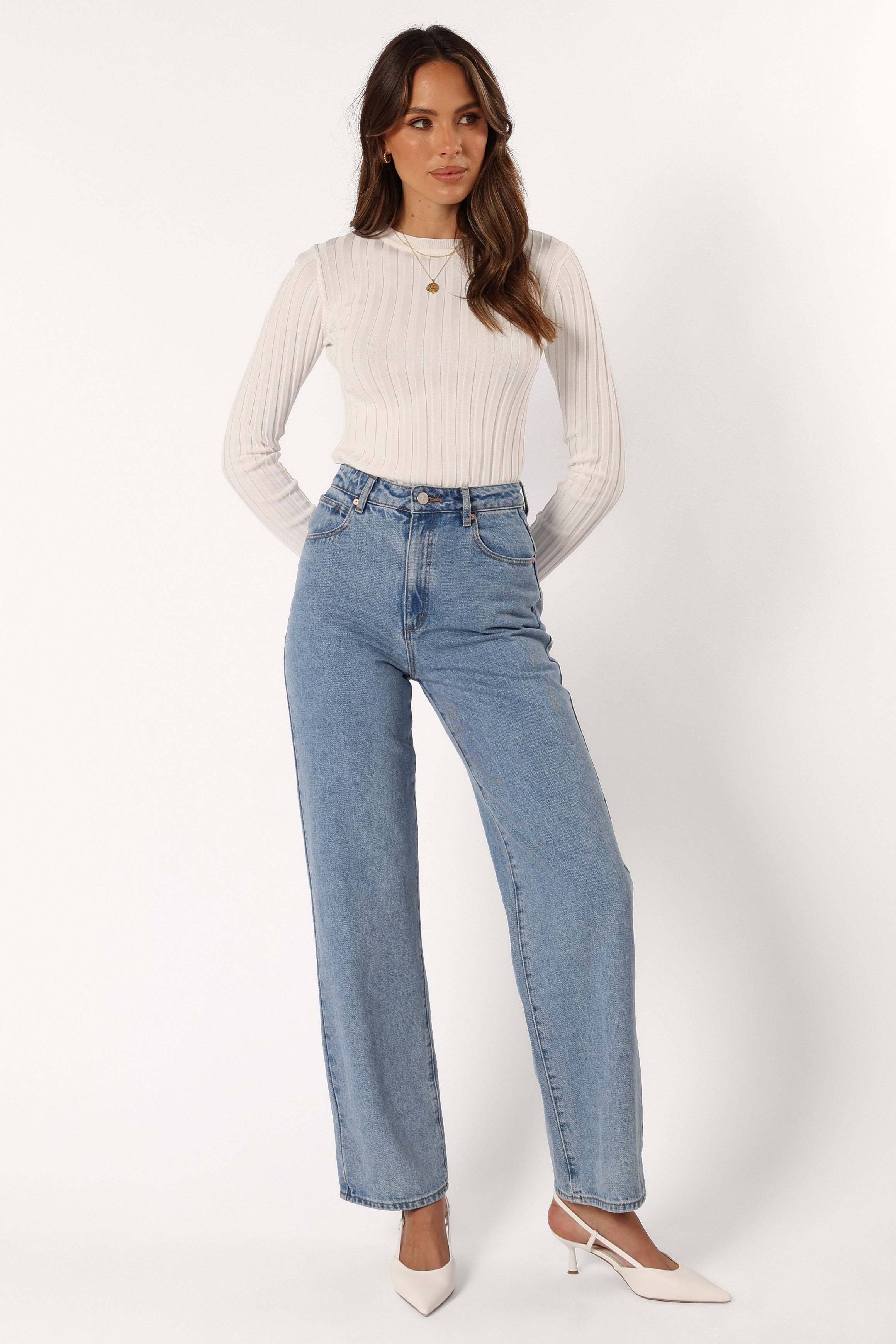 Aneesa Ribbed Knit Top - White Long Sleeve with Frill Cuff