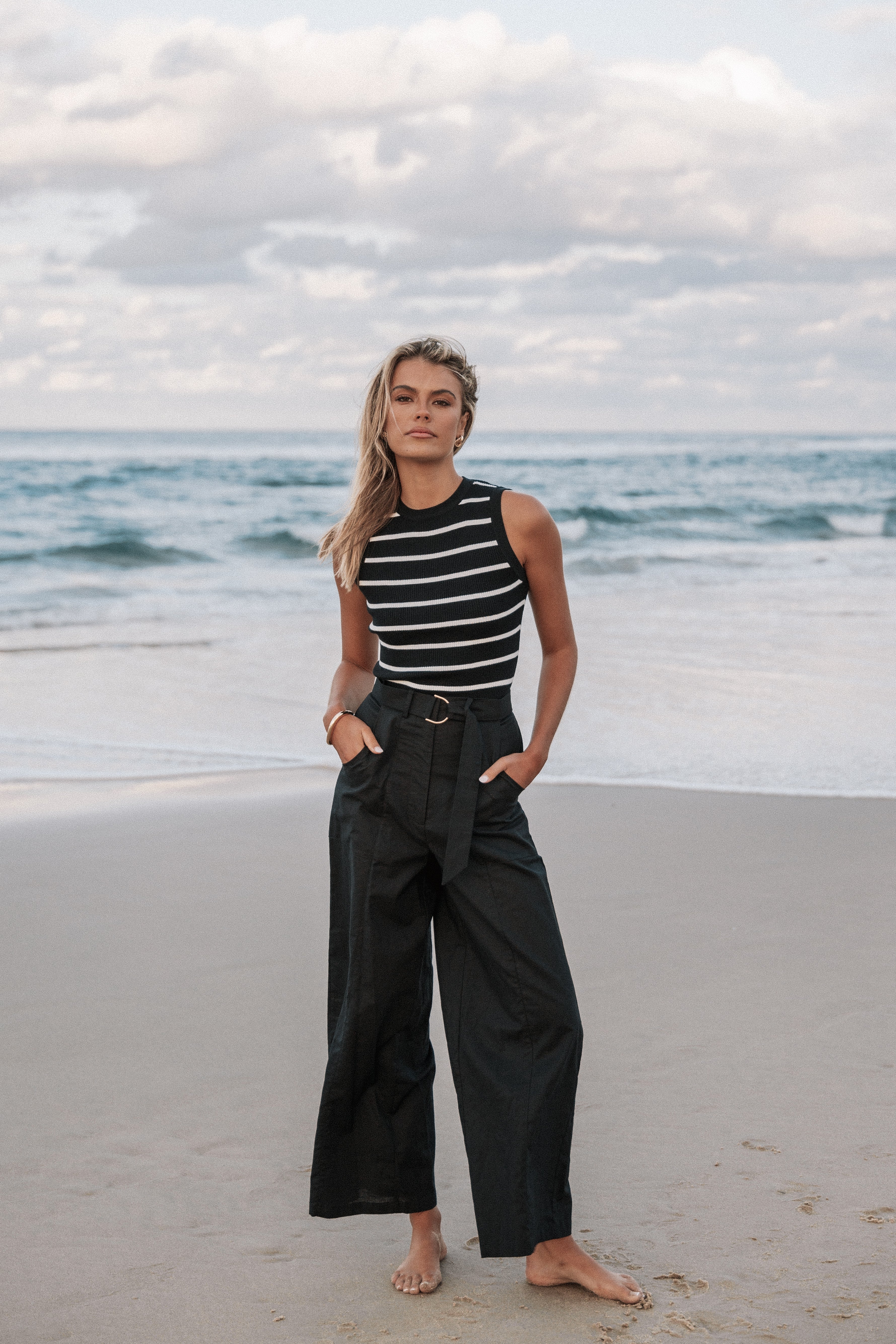 Women's Black Stripe Ribbed Knit Top - Margot