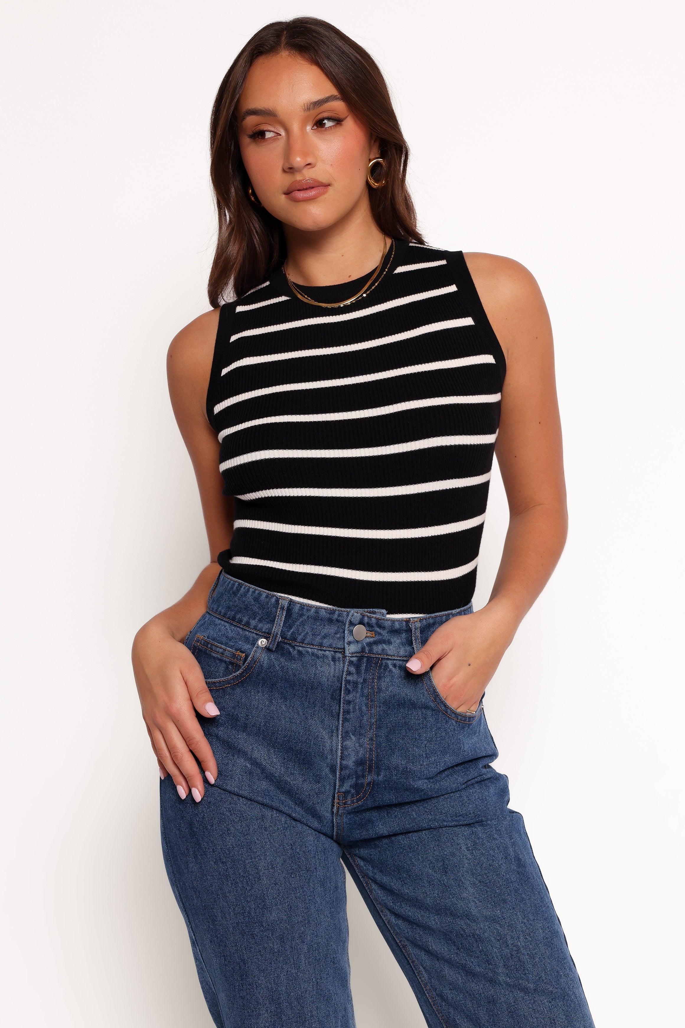 Women's Black Stripe Ribbed Knit Top - Margot