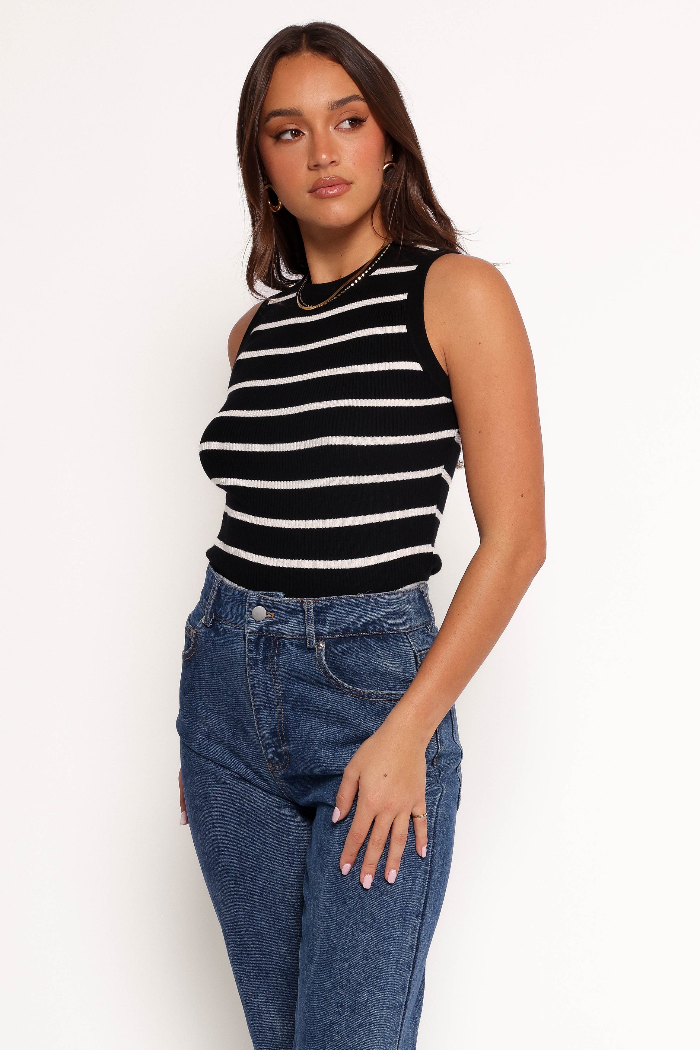 Women's Black Stripe Ribbed Knit Top - Margot