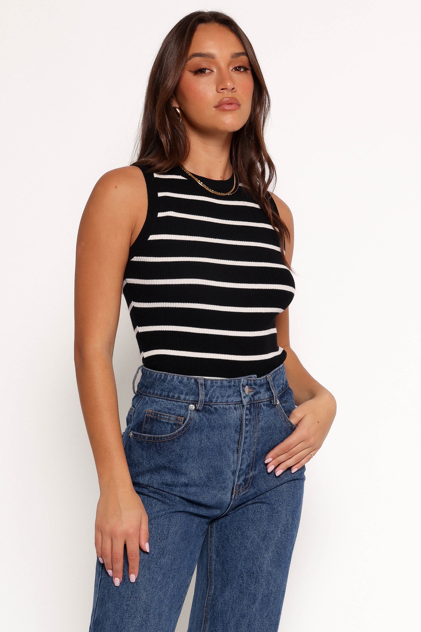 Women's Black Stripe Ribbed Knit Top - Margot