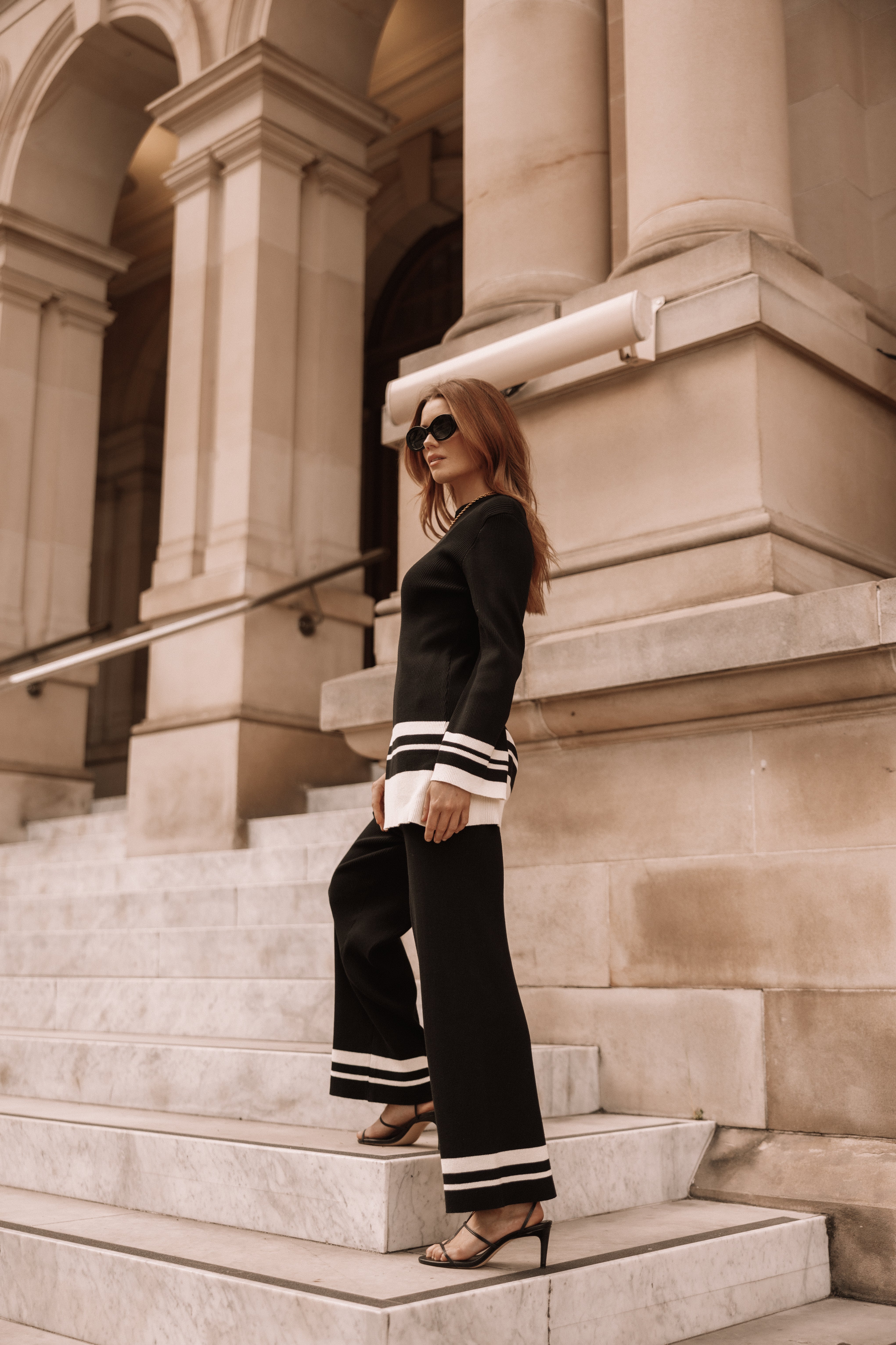 Lowell High Waisted Ribbed Knit Pants - Black & White Striped