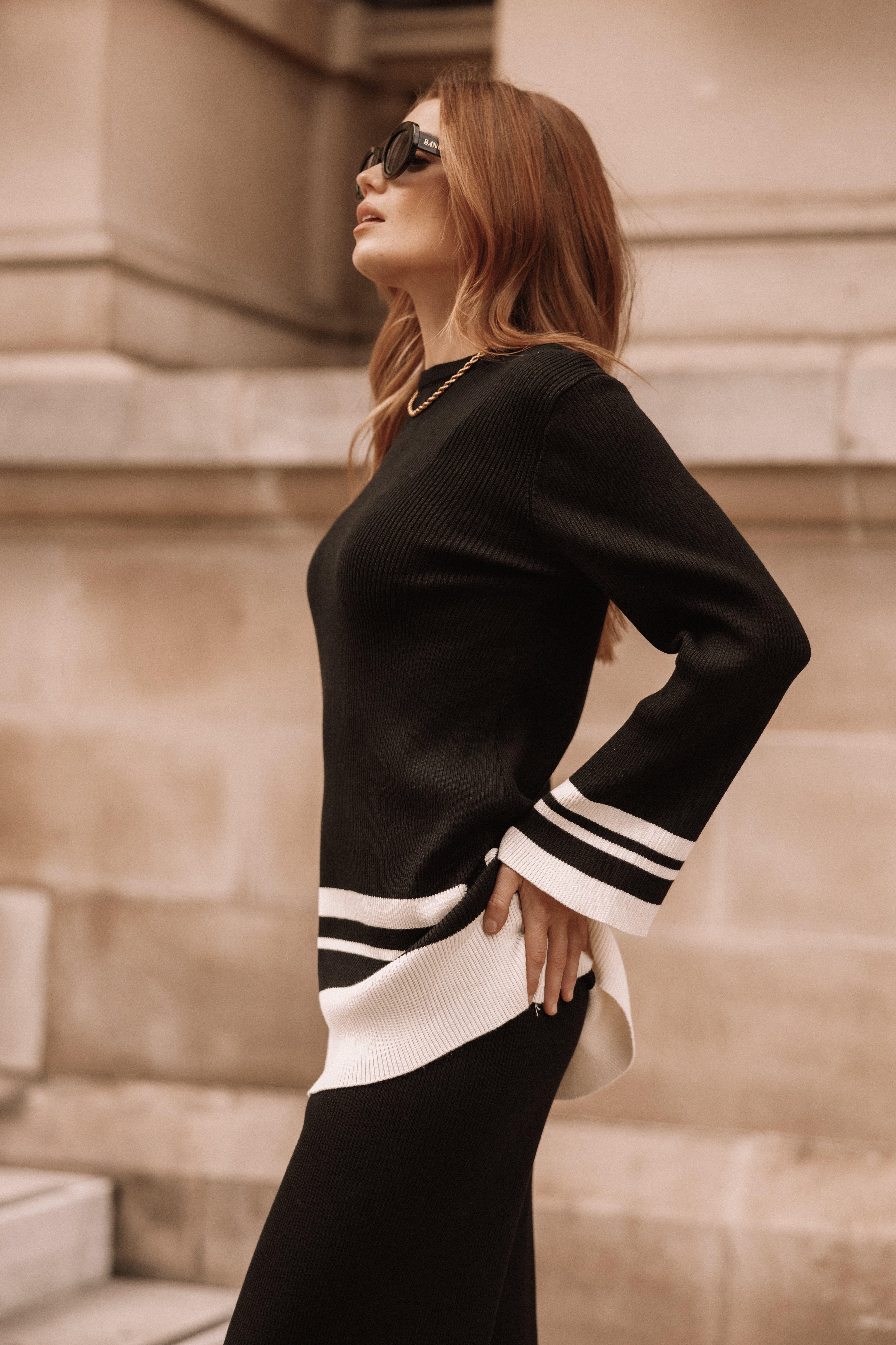 Women's Black & White Oversized Knit Top with Bell Sleeves - Lowell