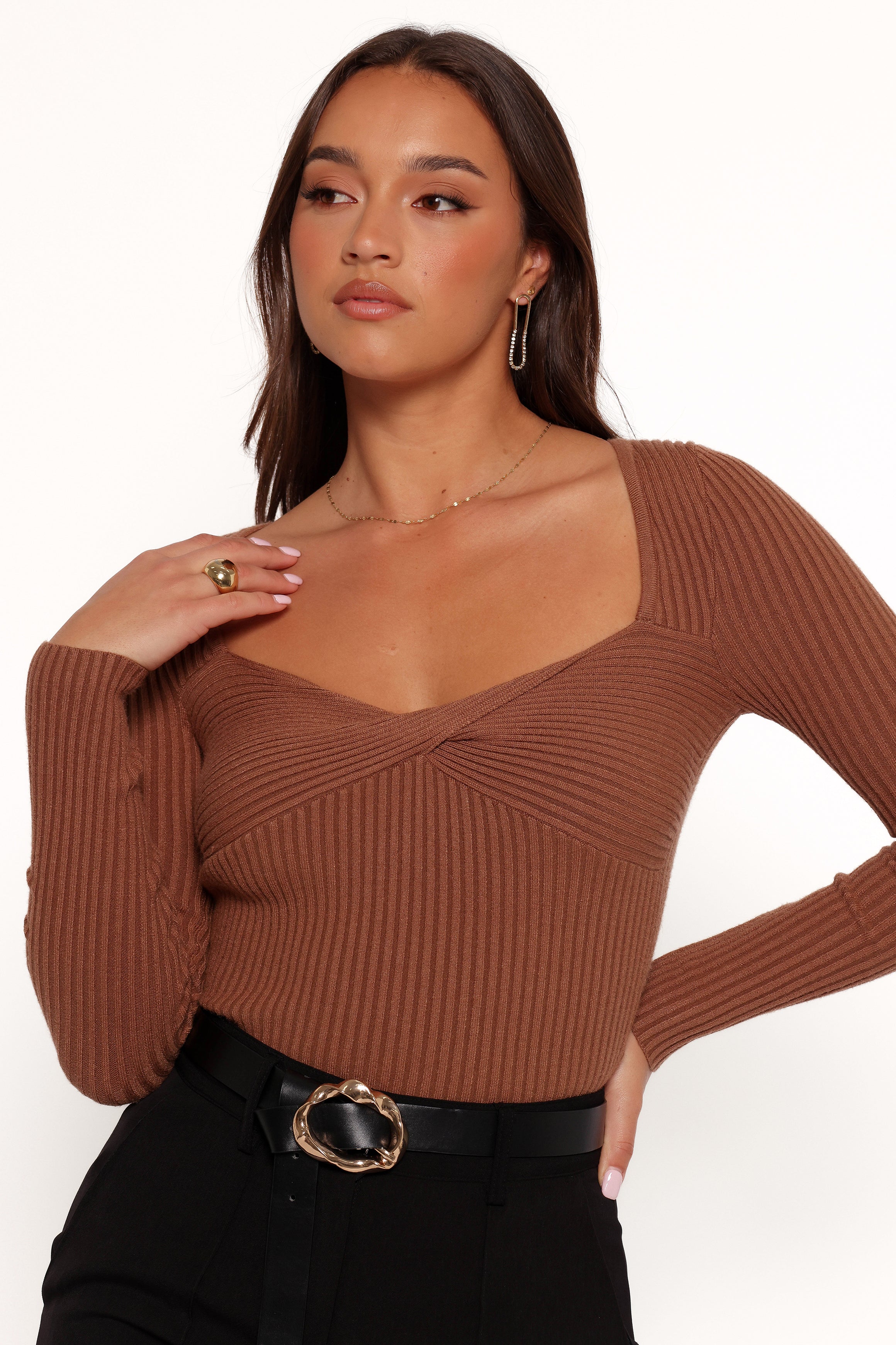 Akopo Ribbed Cropped Long Sleeve Top with Bust Twist - Cognac