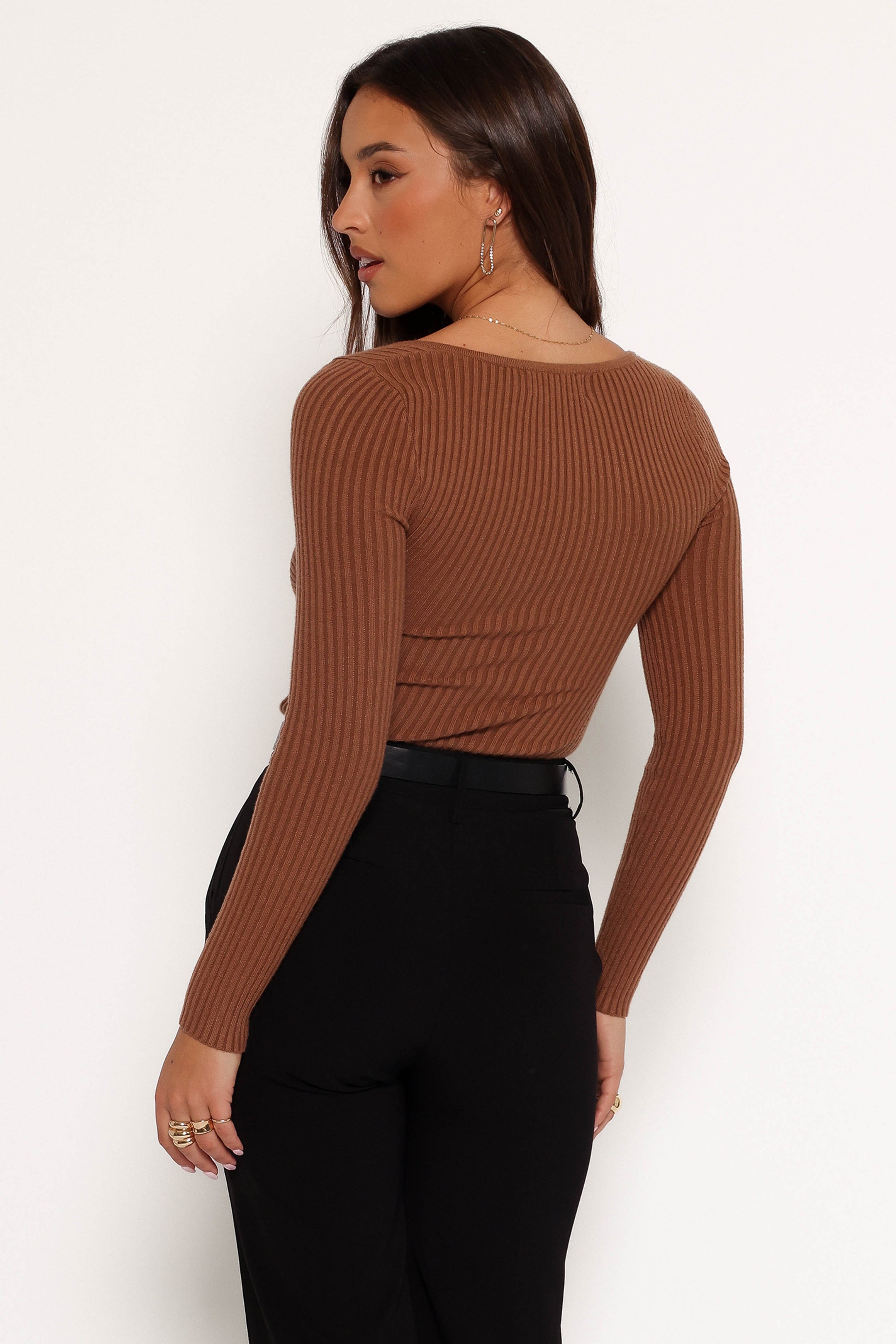 Akopo Ribbed Cropped Long Sleeve Top with Bust Twist - Cognac