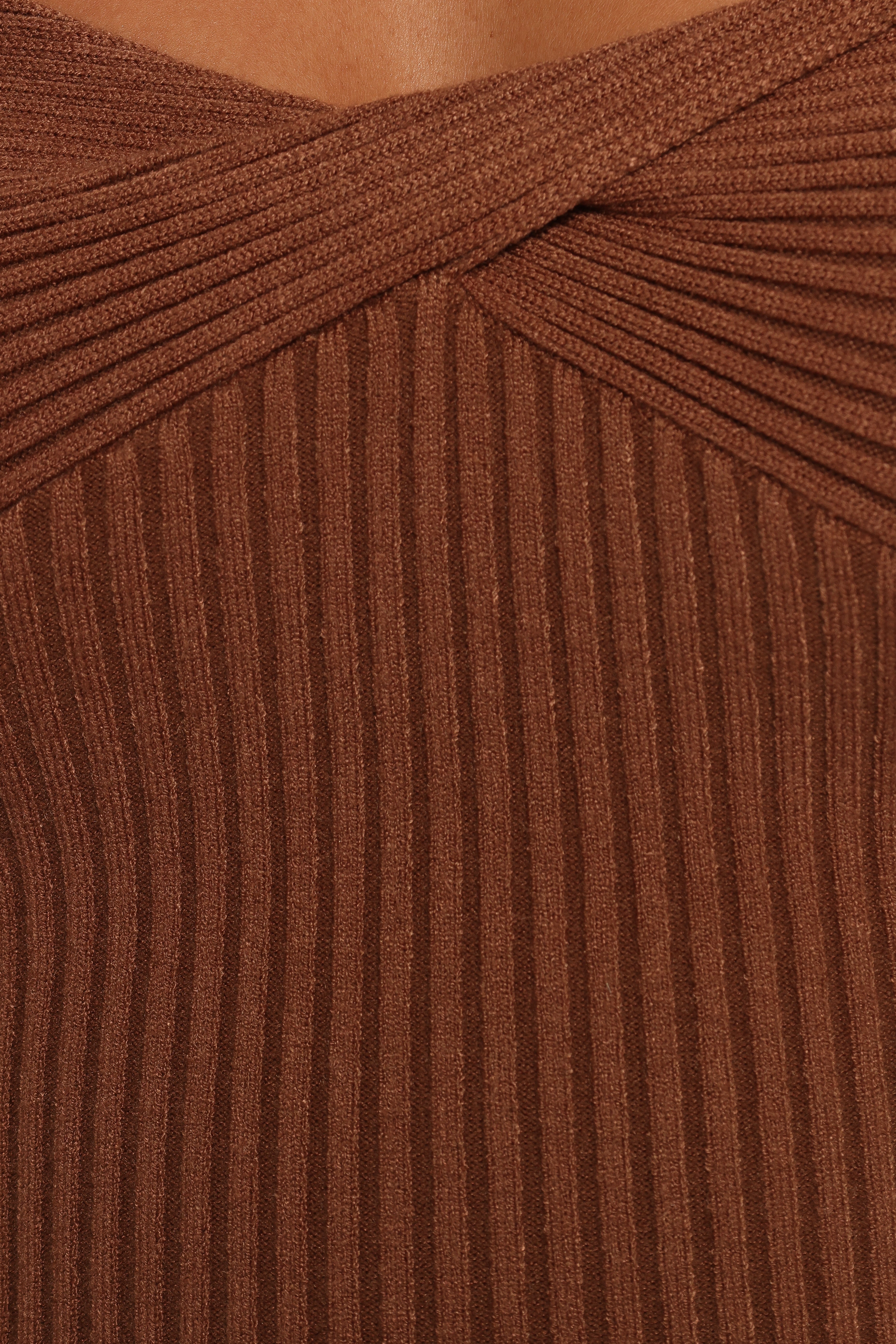 Akopo Ribbed Cropped Long Sleeve Top with Bust Twist - Cognac