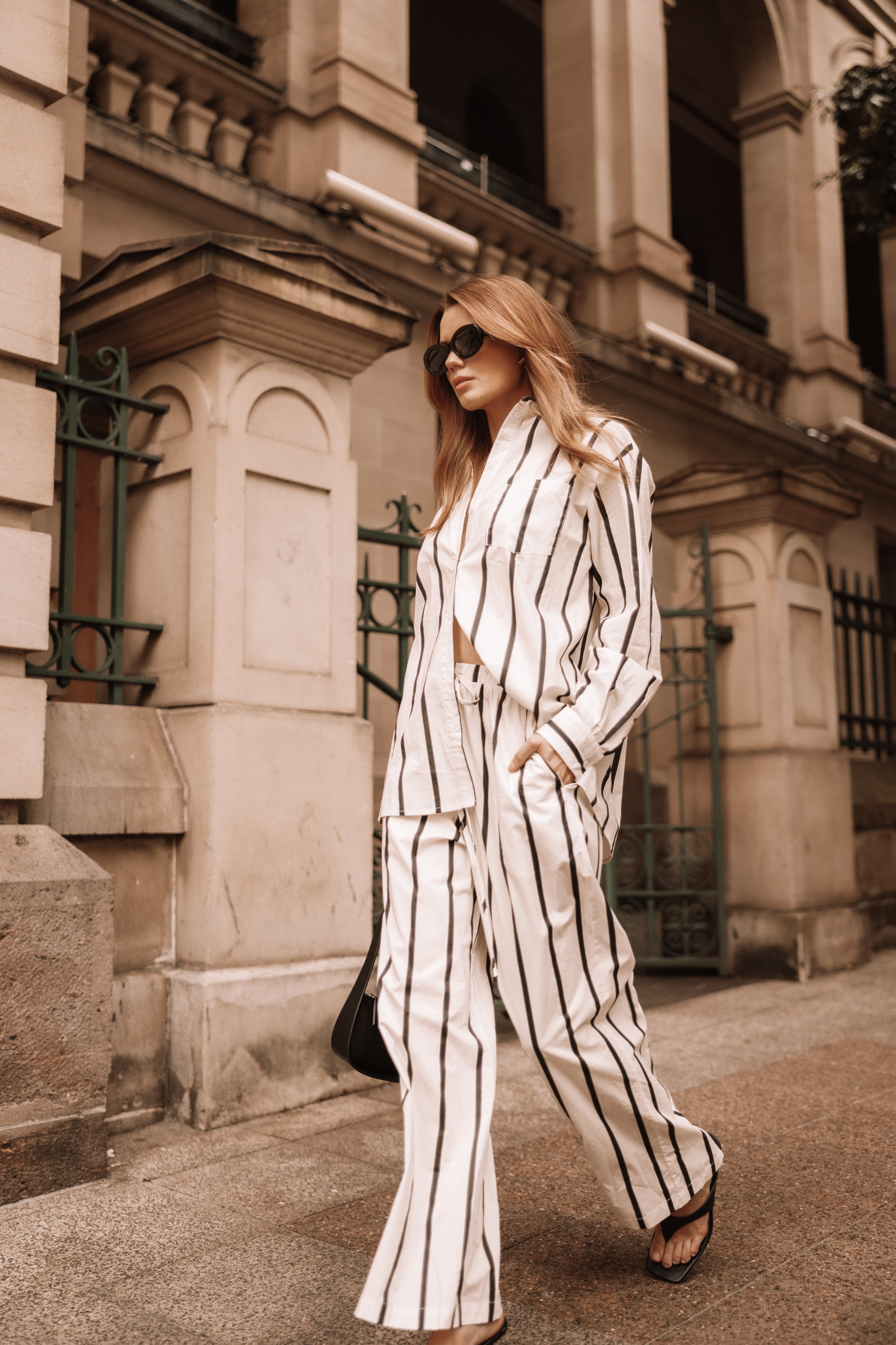 Silvia High Waist Wide Leg Cotton Pants - Cream Striped