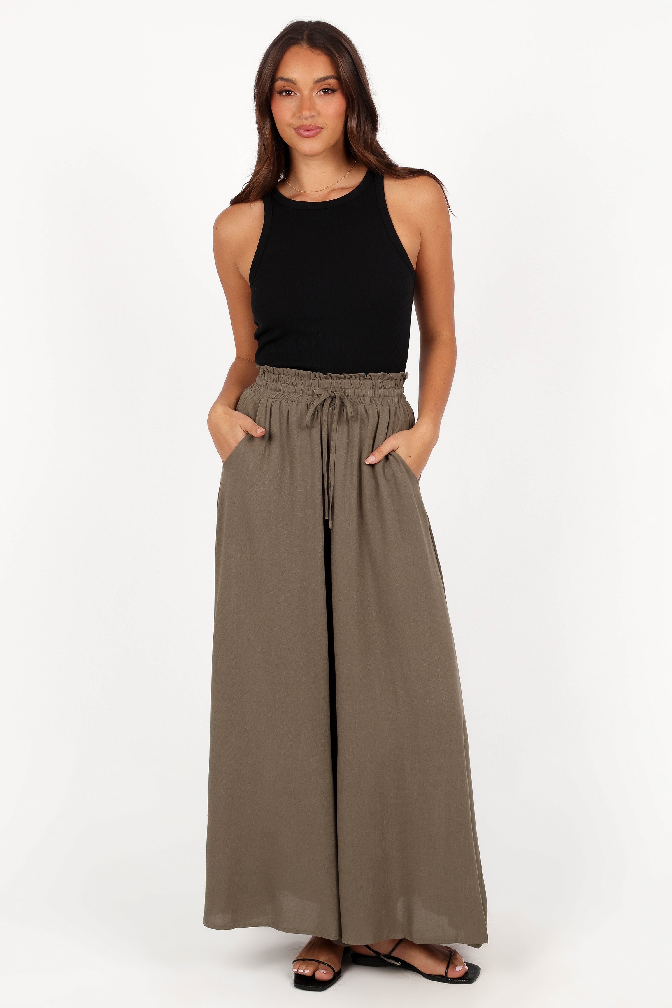 Arden High Waisted Wide Leg Pants - Olive Rayon