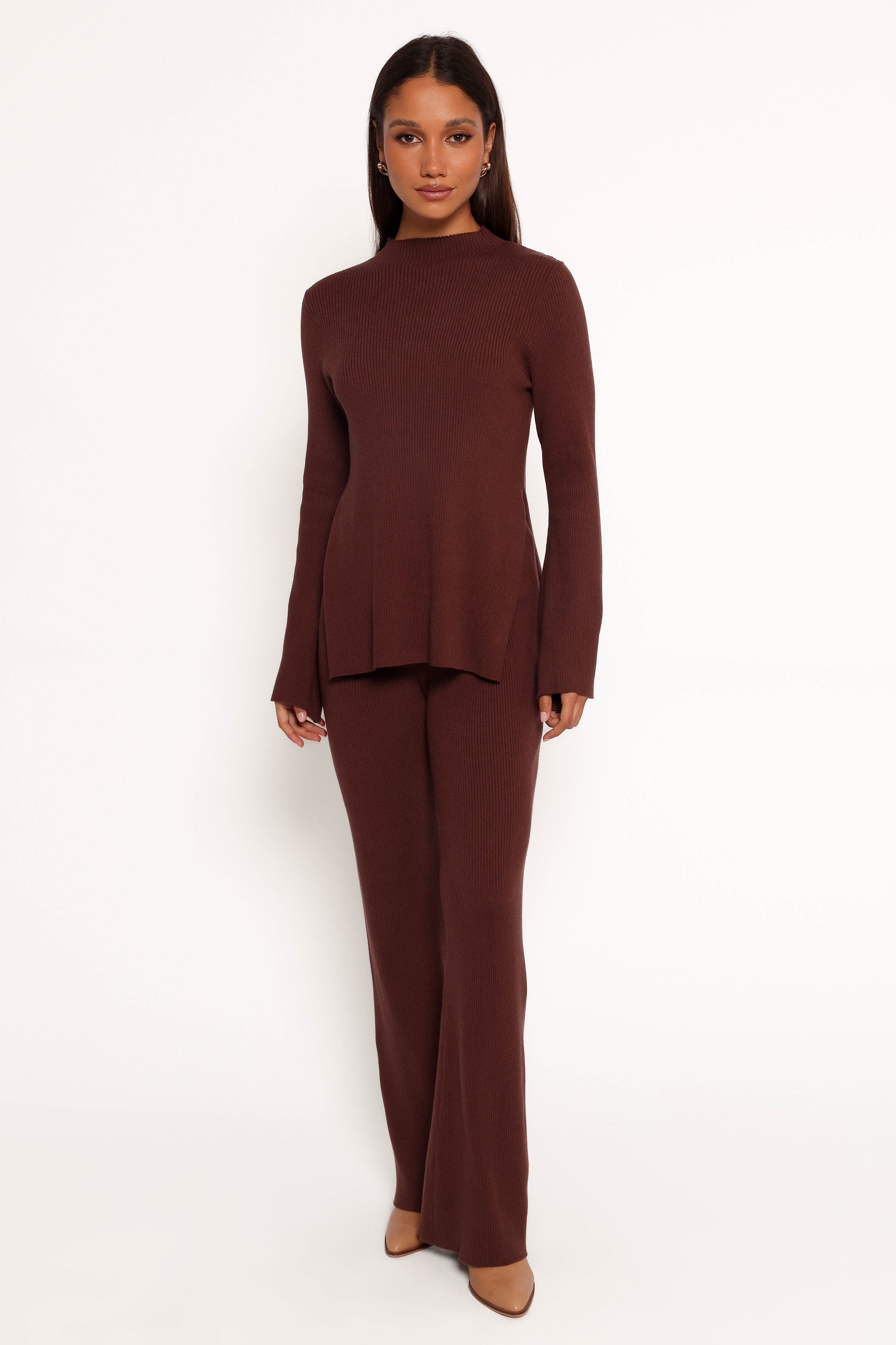 High Waisted Knit Pants - Adrienne Straight Leg Chocolate