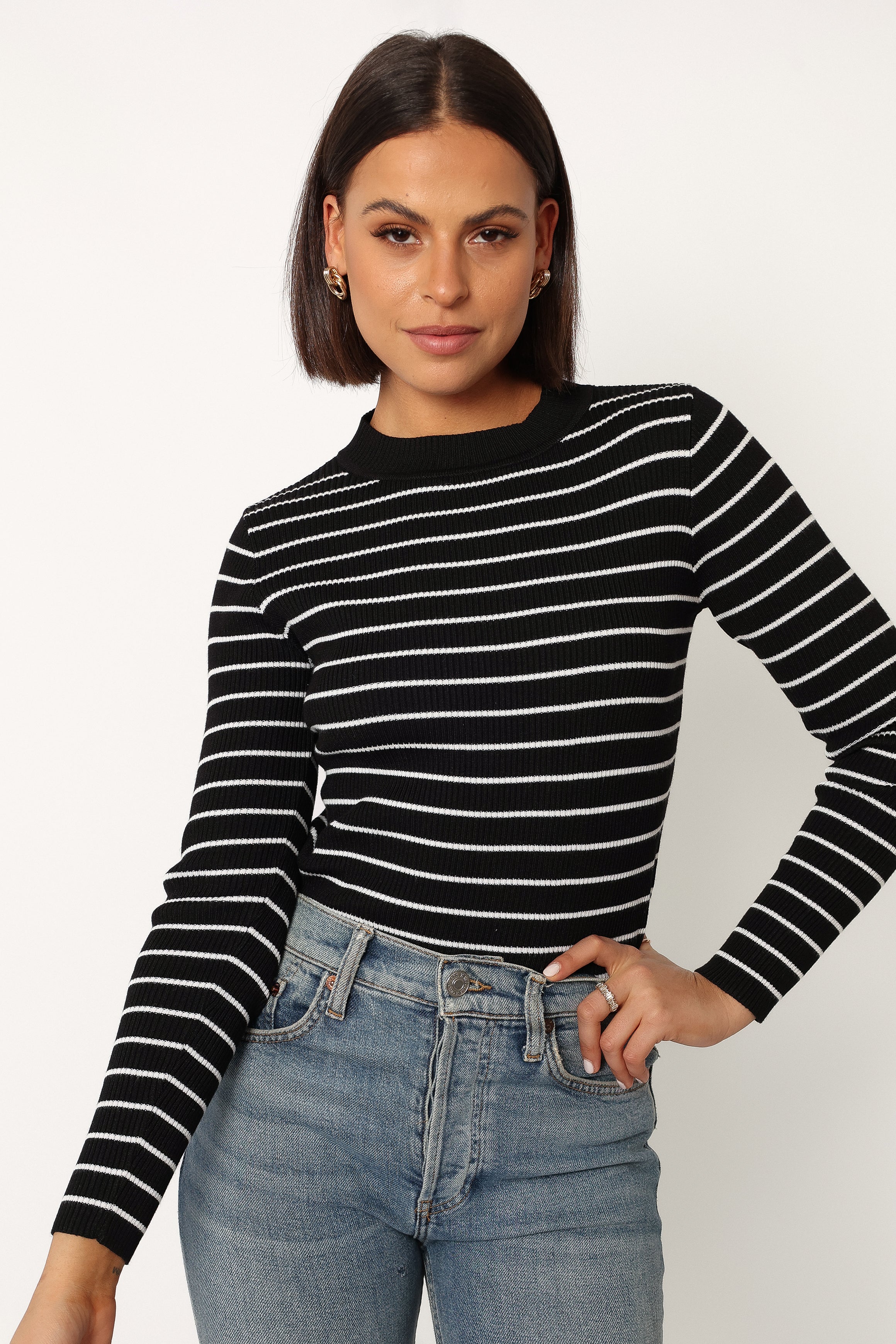 Stacie Mockneck Ribbed Knit Top - Black Striped Slim Fit
