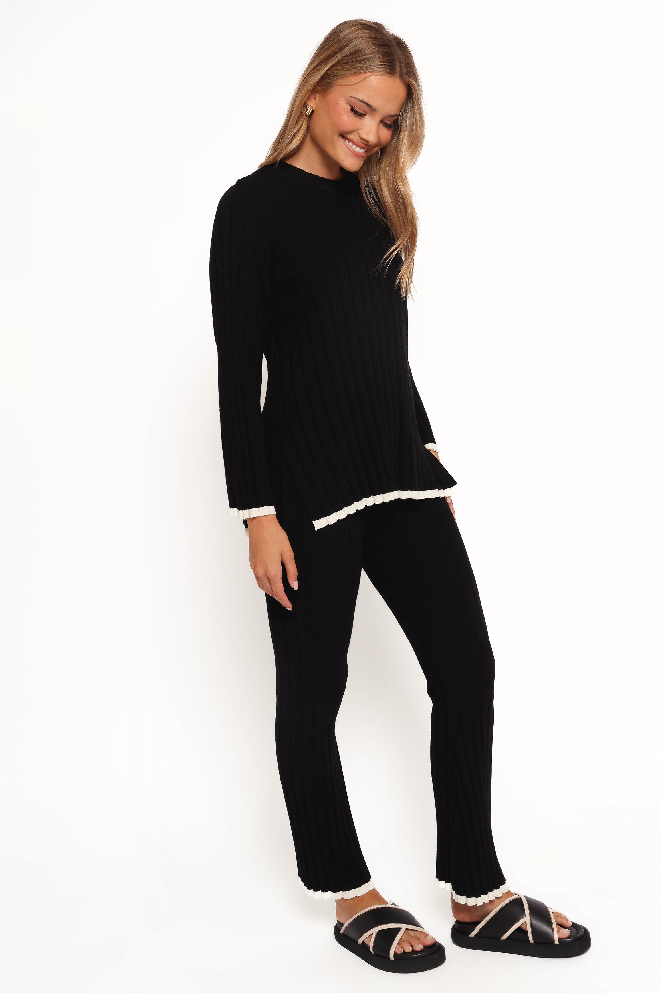 Dora High Waisted Knit Pants - Black Ribbed Comfort Fit
