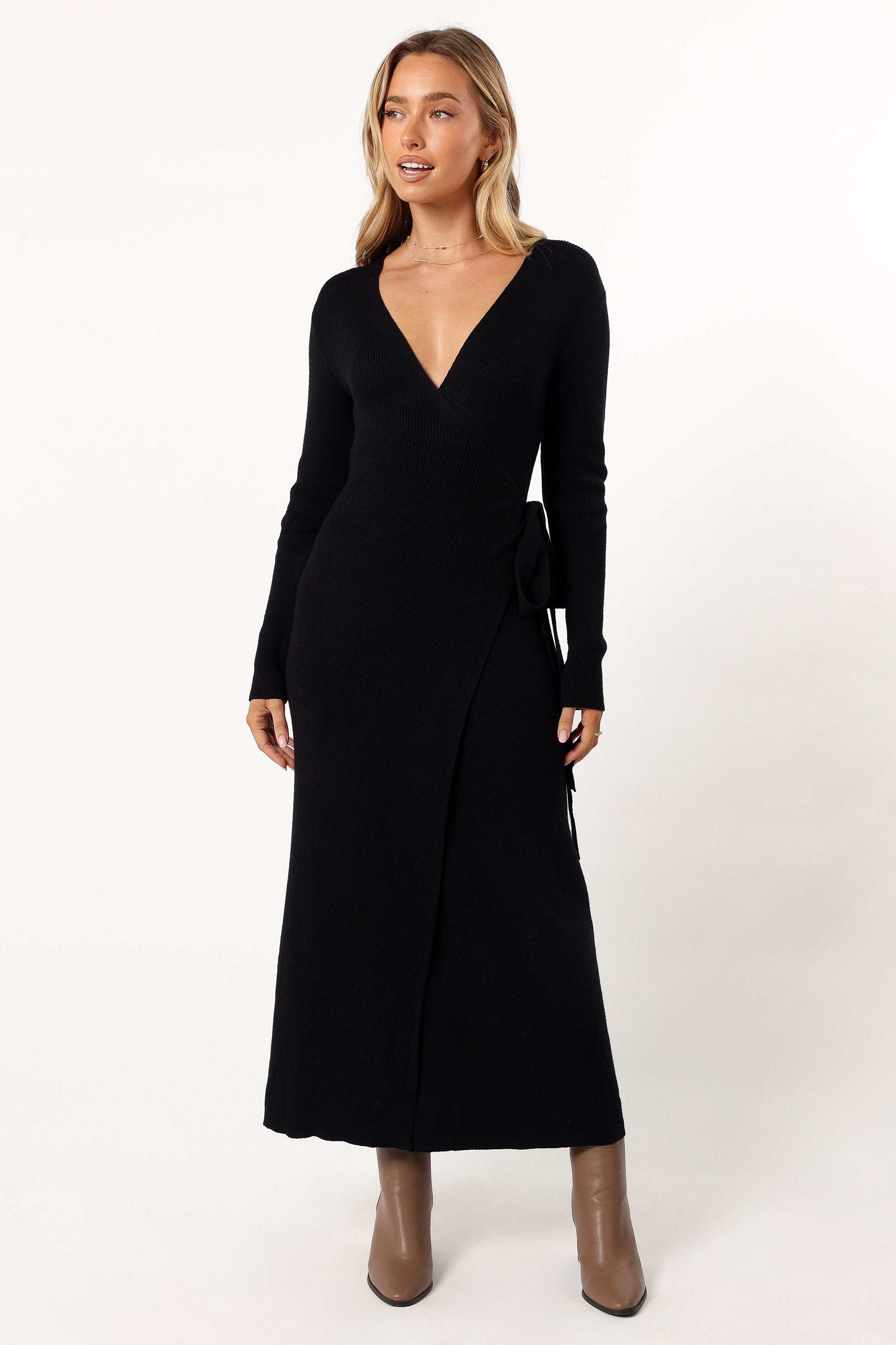 Black Wrap Midi Dress with Long Sleeves – Kellan