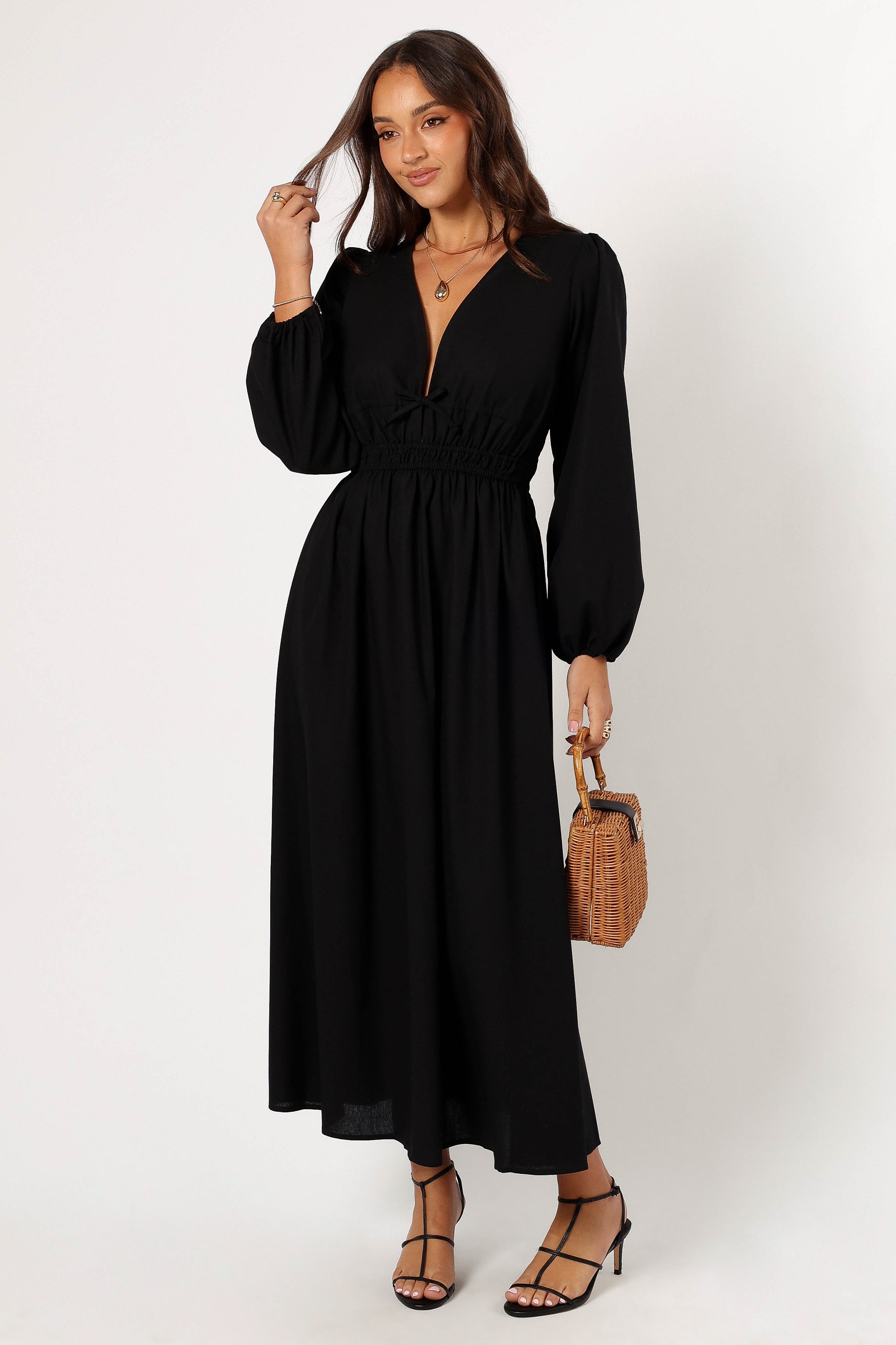 Elegant Black Long Sleeve Maxi Dress with Bust Tie Detail