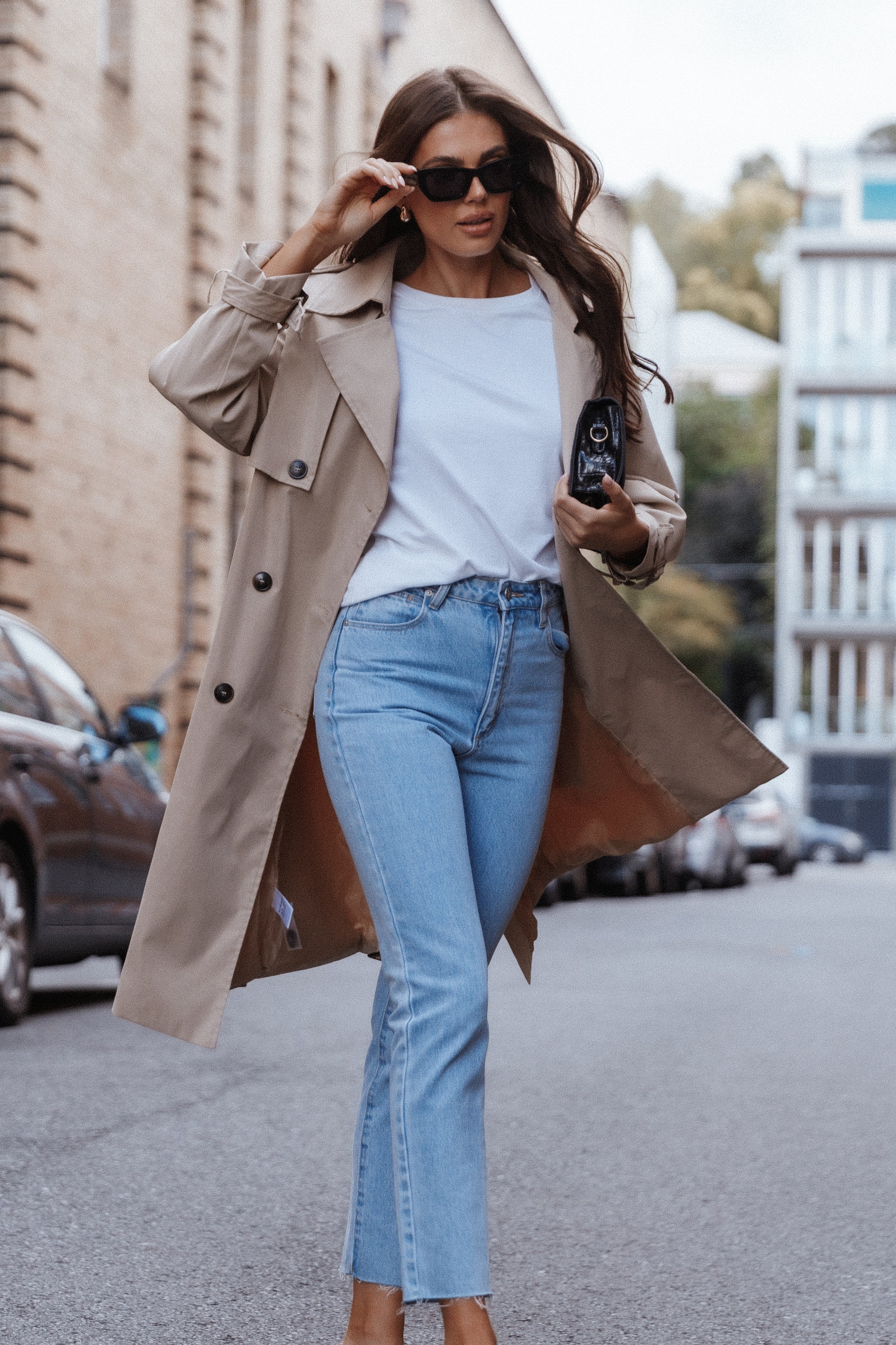 Women's Beige Double-Breasted Trench Coat with Detachable Belt