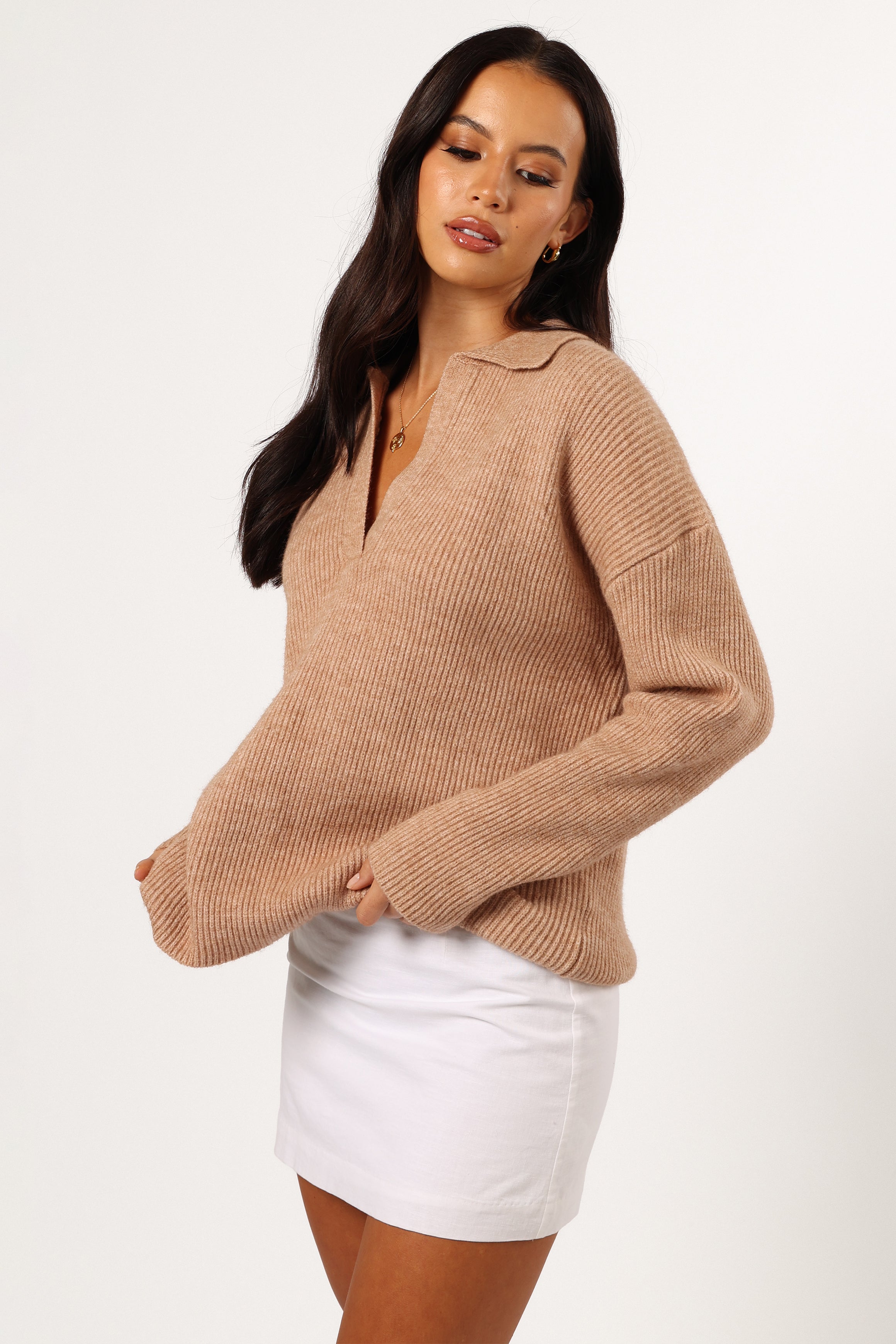 Zala Soft Knit V-Neck Cardigan - Mocha Long Sleeve Sweater