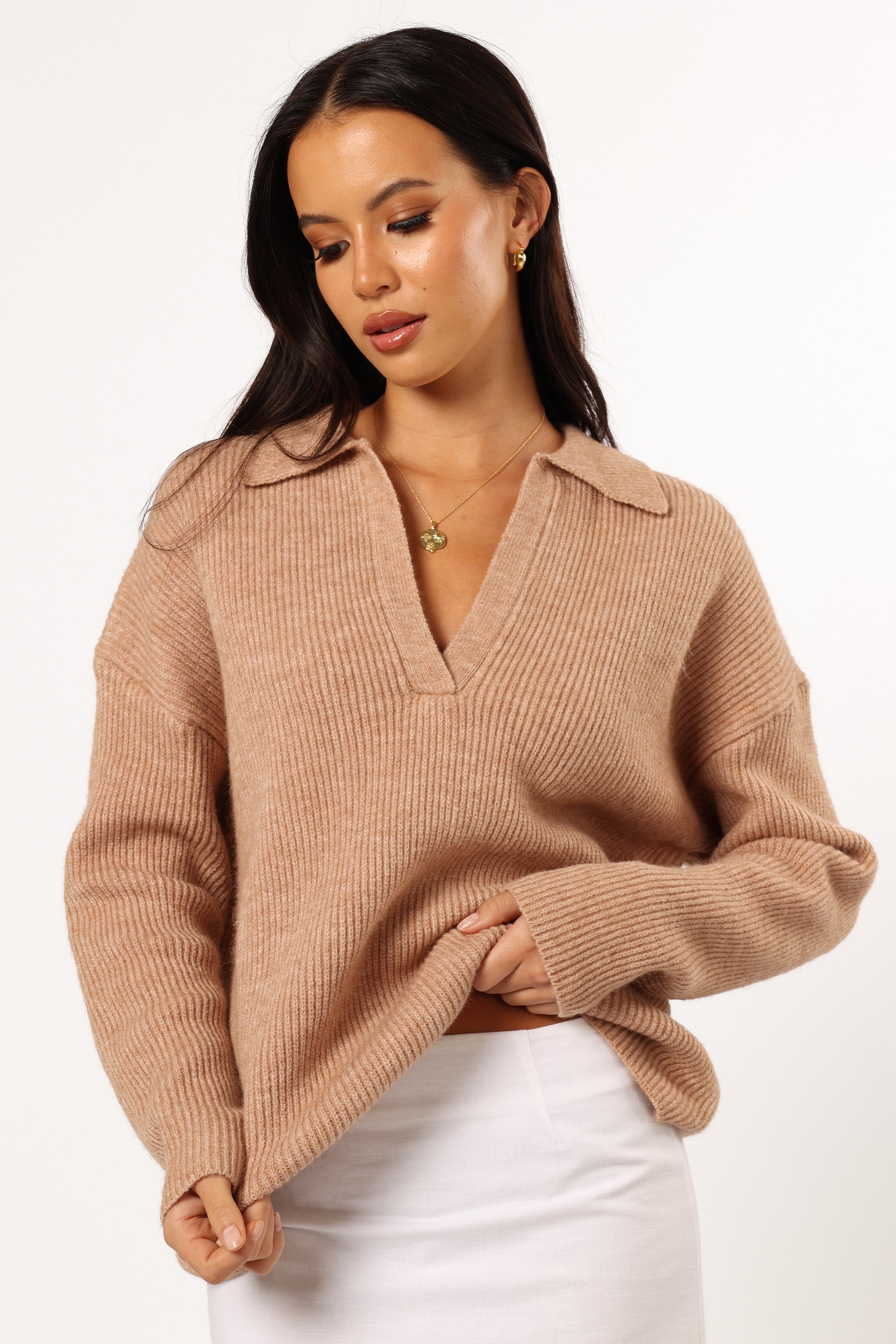 Zala Soft Knit V-Neck Cardigan - Mocha Long Sleeve Sweater